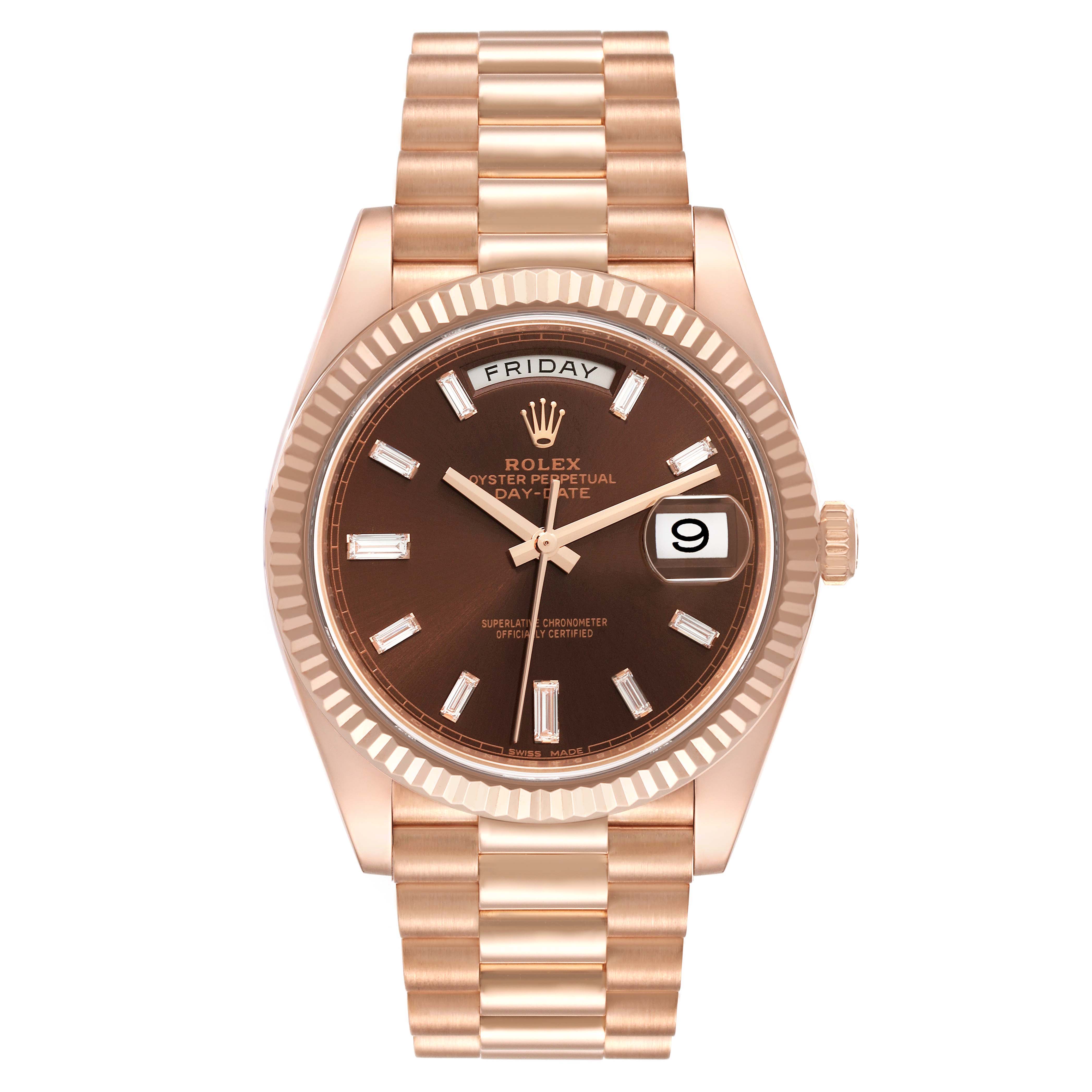 The Rolex President 228235 Men's Rose Gold Brown Dial 228235 Men's Rose Gold Brown Dial model watch is shown from a front view, displaying the face, day, date, and band.