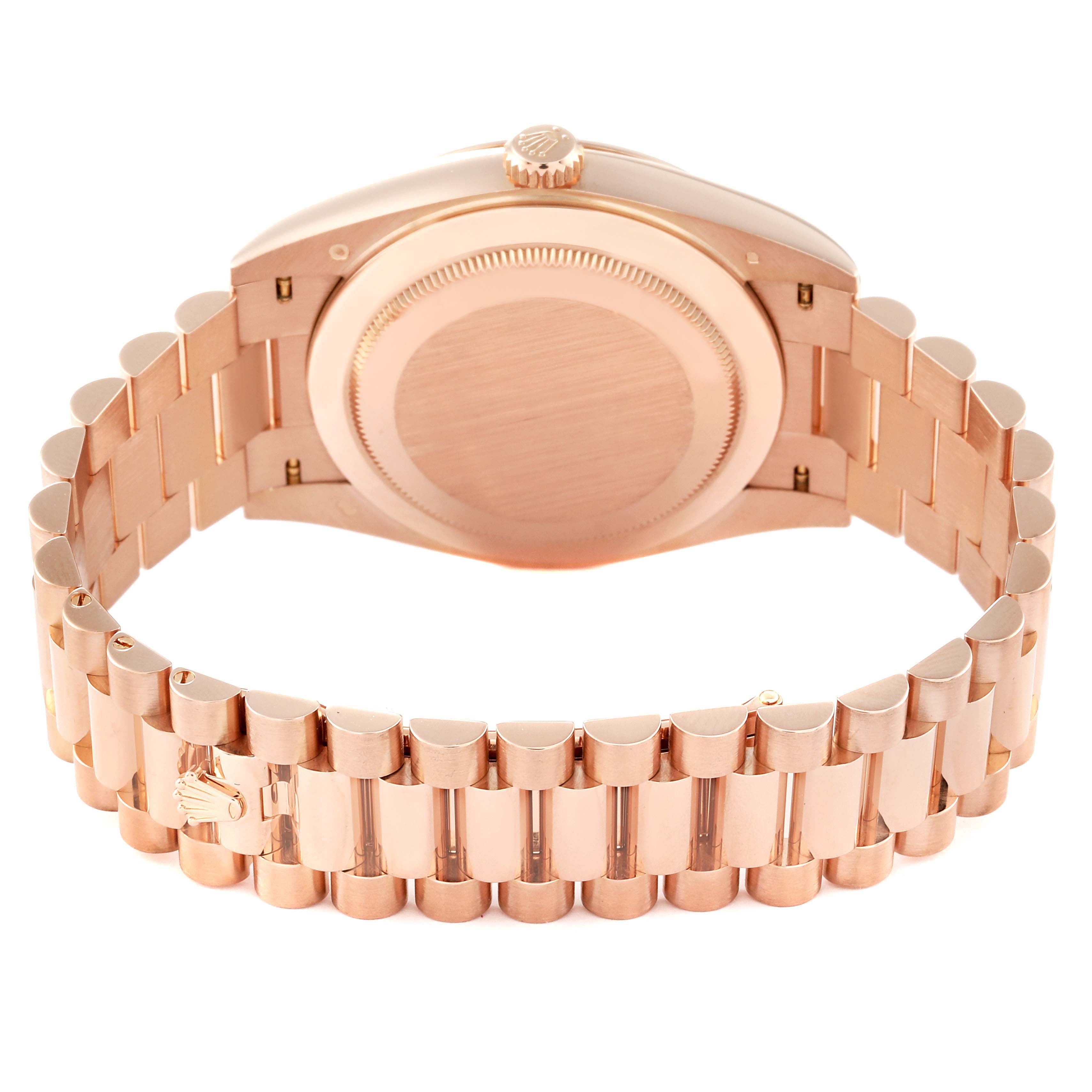 The image shows the back view of the Rolex President 228235 Men's Rose Gold Brown Dial 228235 Men's Rose Gold Brown Dial model watch, focusing on its rose gold case and bracelet.