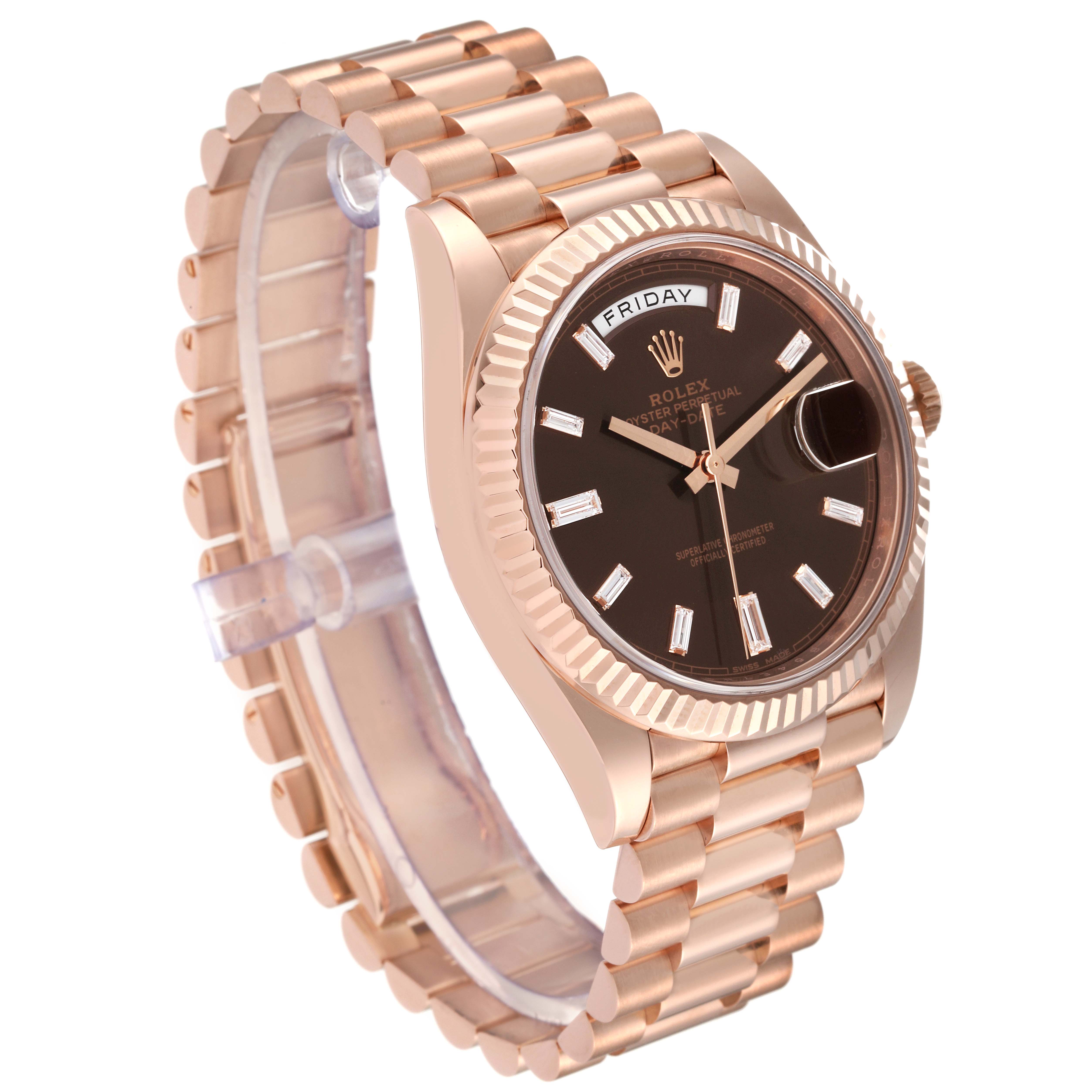 The image shows a side and slightly angled view of a Rolex President 228235 Men's Rose Gold Brown Dial 228235 Men's Rose Gold Brown Dial model watch, highlighting its band, case, and dial.