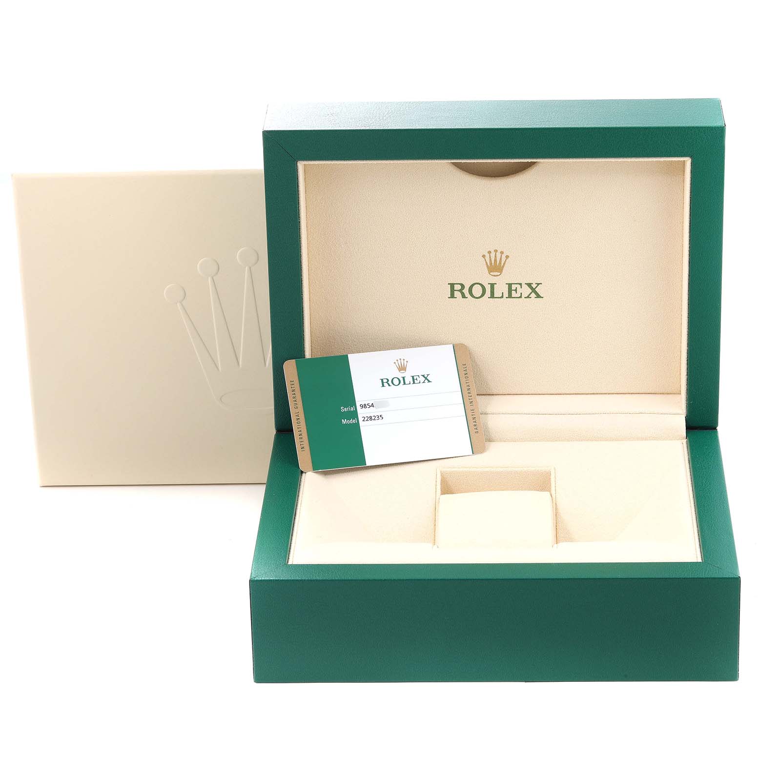 This image shows the packaging and documentation for a Rolex President 228235 Men's Rose Gold Brown Dial 228235 Men's Rose Gold Brown Dial model watch, including an open green and beige box and a card.