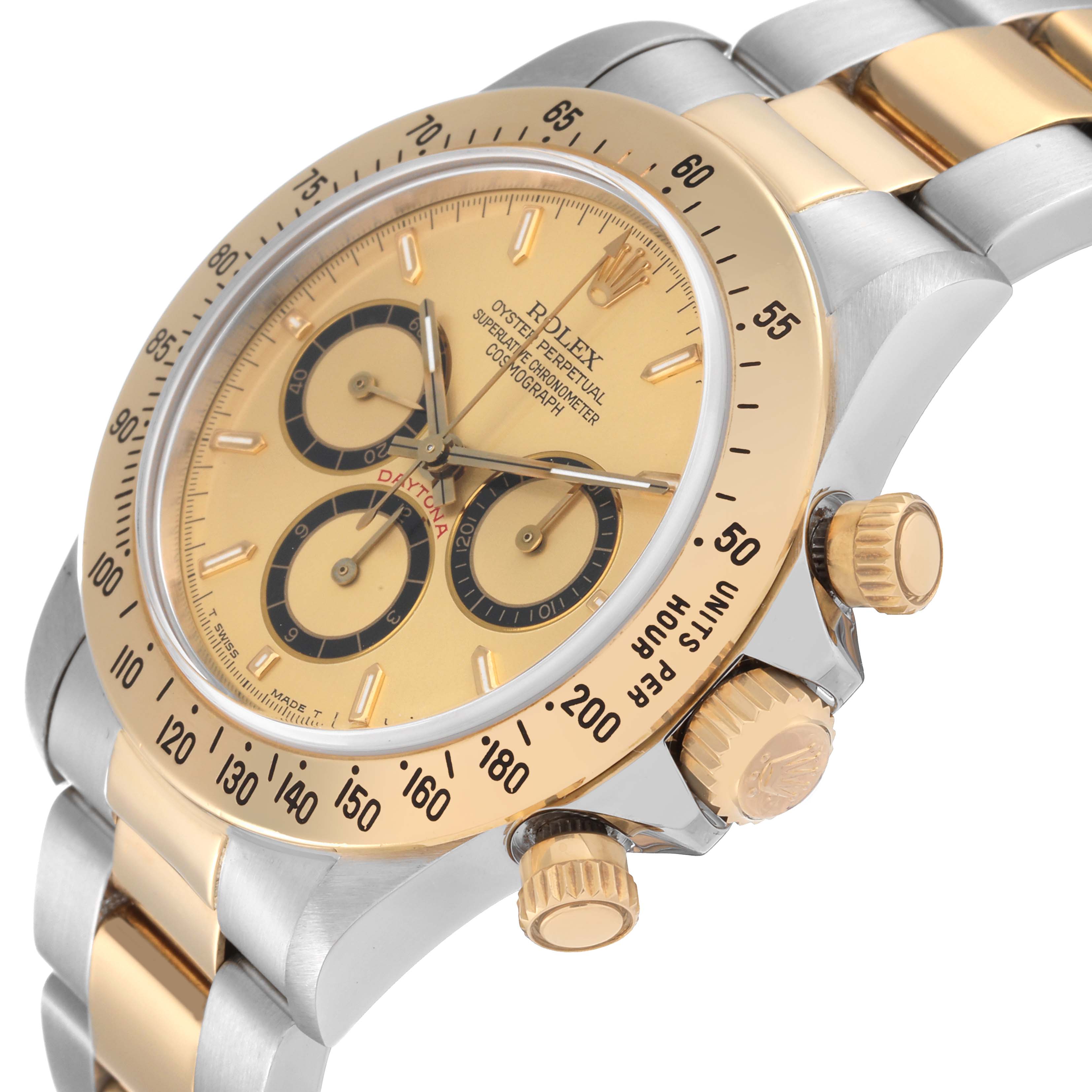 The image shows a close-up angled view of a Rolex Daytona 16523 Men's Steel and Gold (two tone) Champagne Dial 16523 Men's Steel and Gold (two tone) Champagne Dial watch, highlighting its bezel, dial, chronograph sub-dials, and pushers.