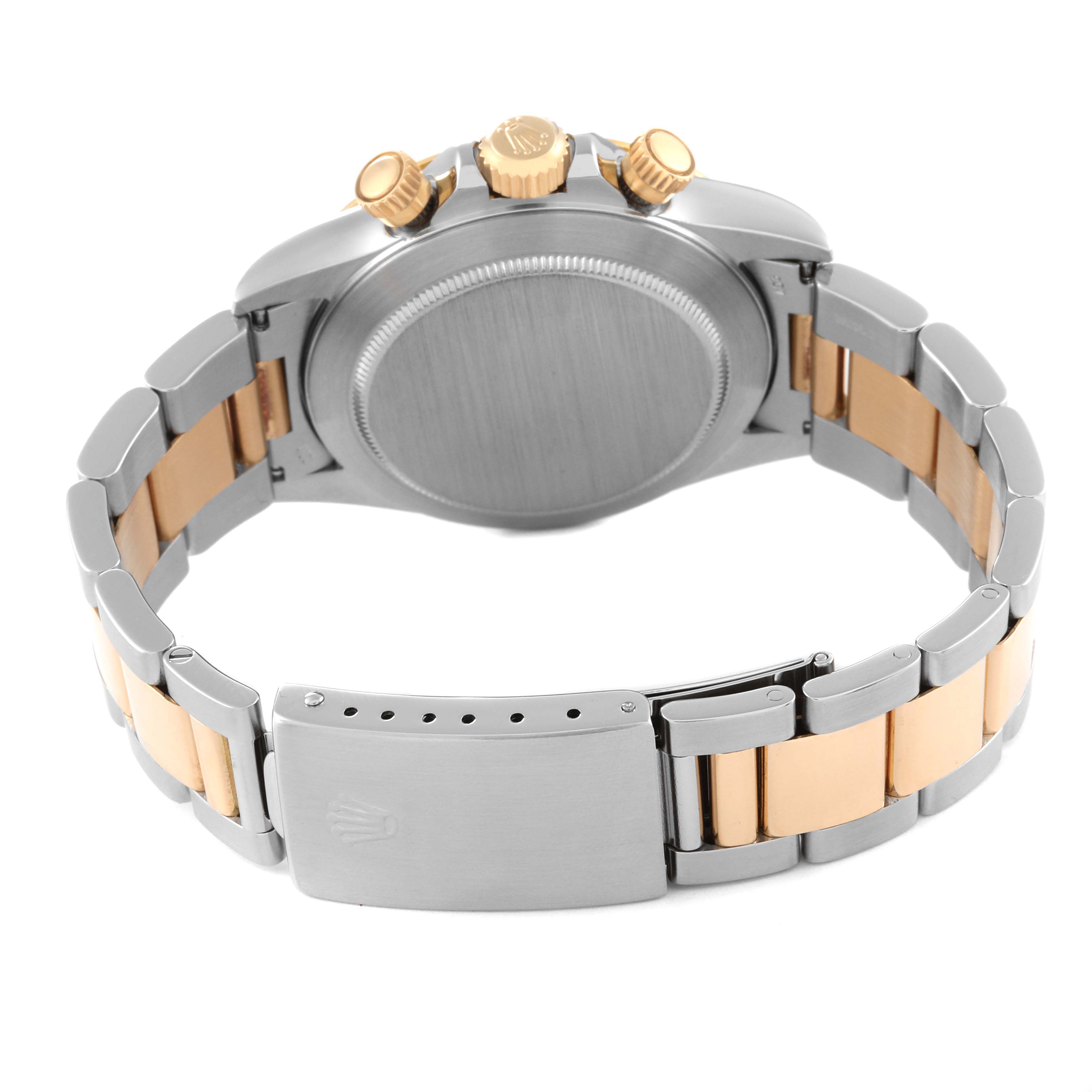 This image shows the back view of a Rolex Daytona 16523 Men's Steel and Gold (two tone) Champagne Dial 16523 Men's Steel and Gold (two tone) Champagne Dial watch, highlighting the case back, crown, pushers, and two-tone bracelet.