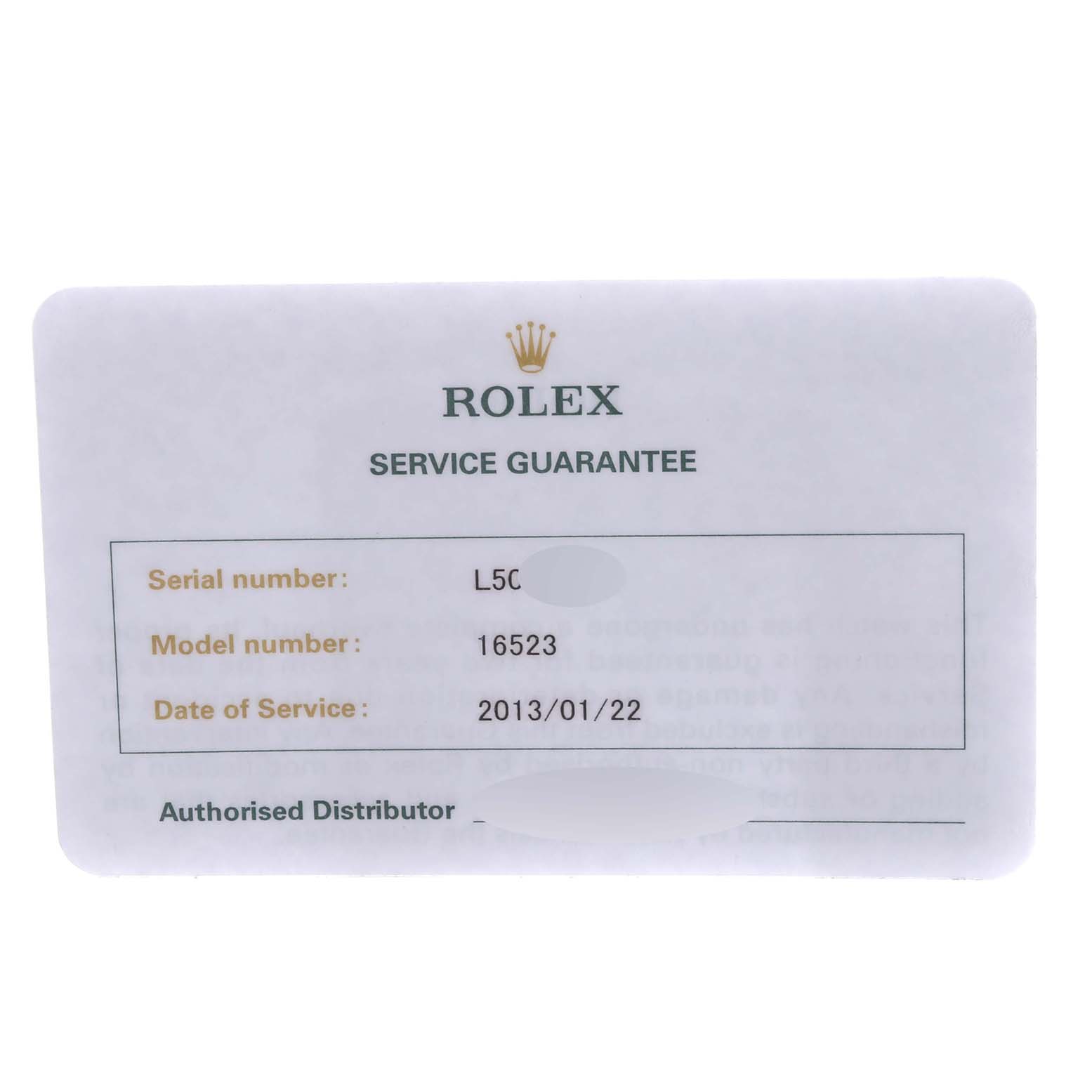 The image shows a Rolex Service Guarantee card for the Daytona model 16523, including serial number and service date.