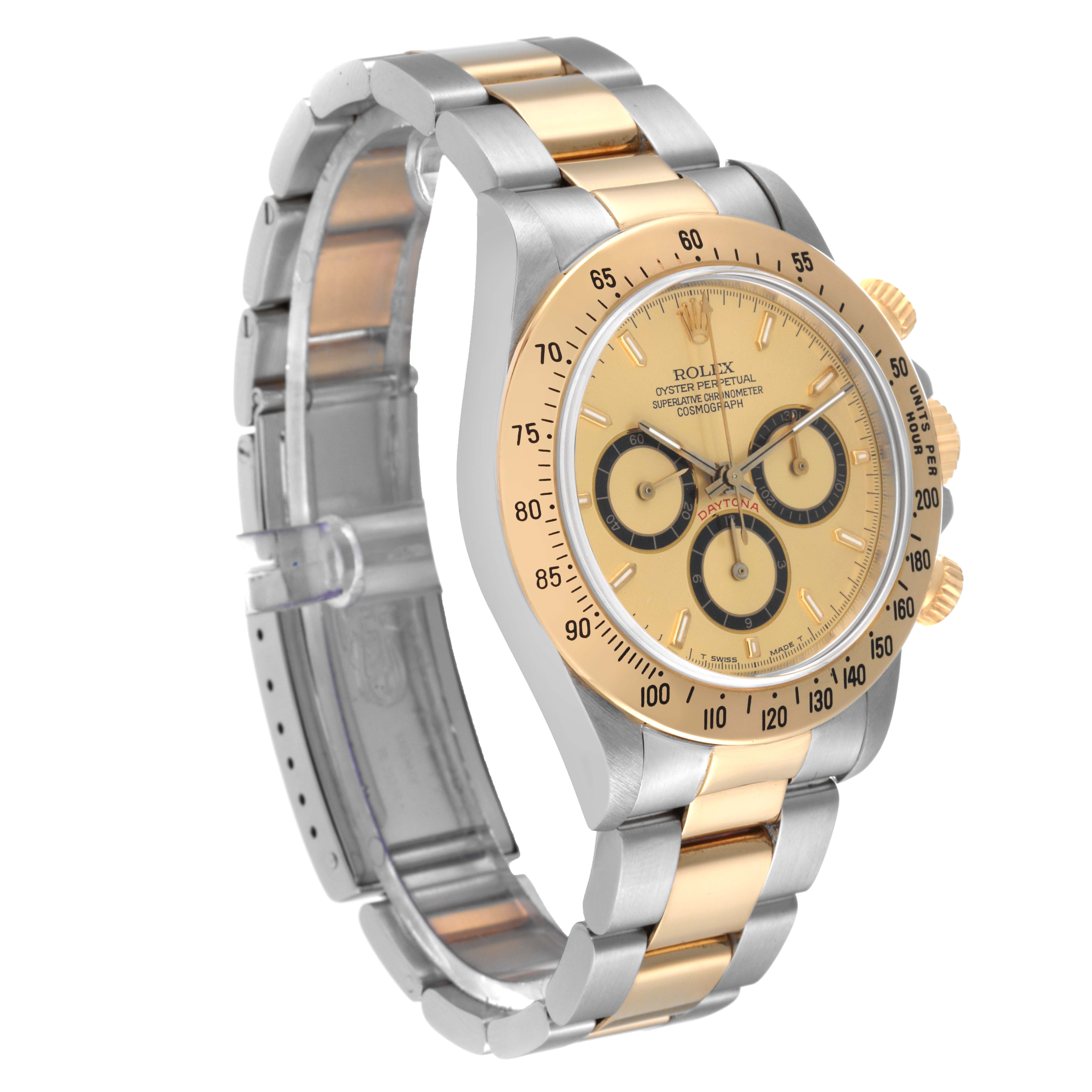 The image shows a side and front angle of the Rolex Daytona 16523 Men's Steel and Gold (two tone) Champagne Dial 16523 Men's Steel and Gold (two tone) Champagne Dial watch, displaying its bezel, dial, and two-tone bracelet.