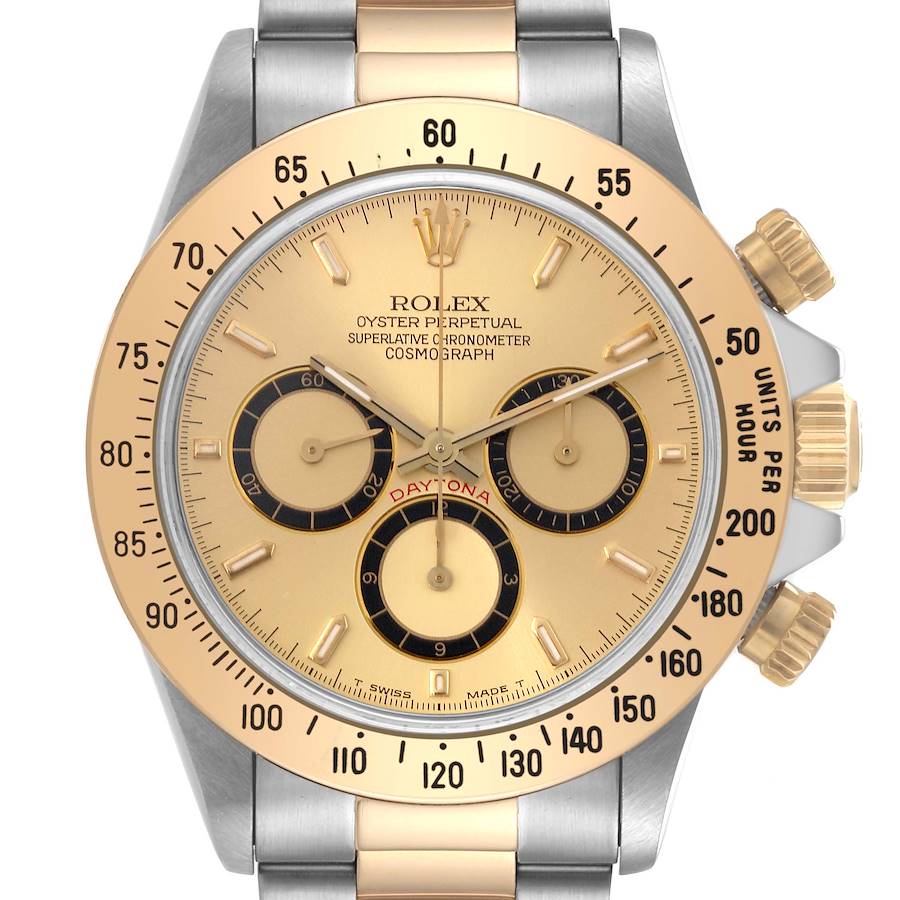 This image shows a front view of a Rolex Daytona watch, highlighting its dial, bezel, and chronograph subdials.