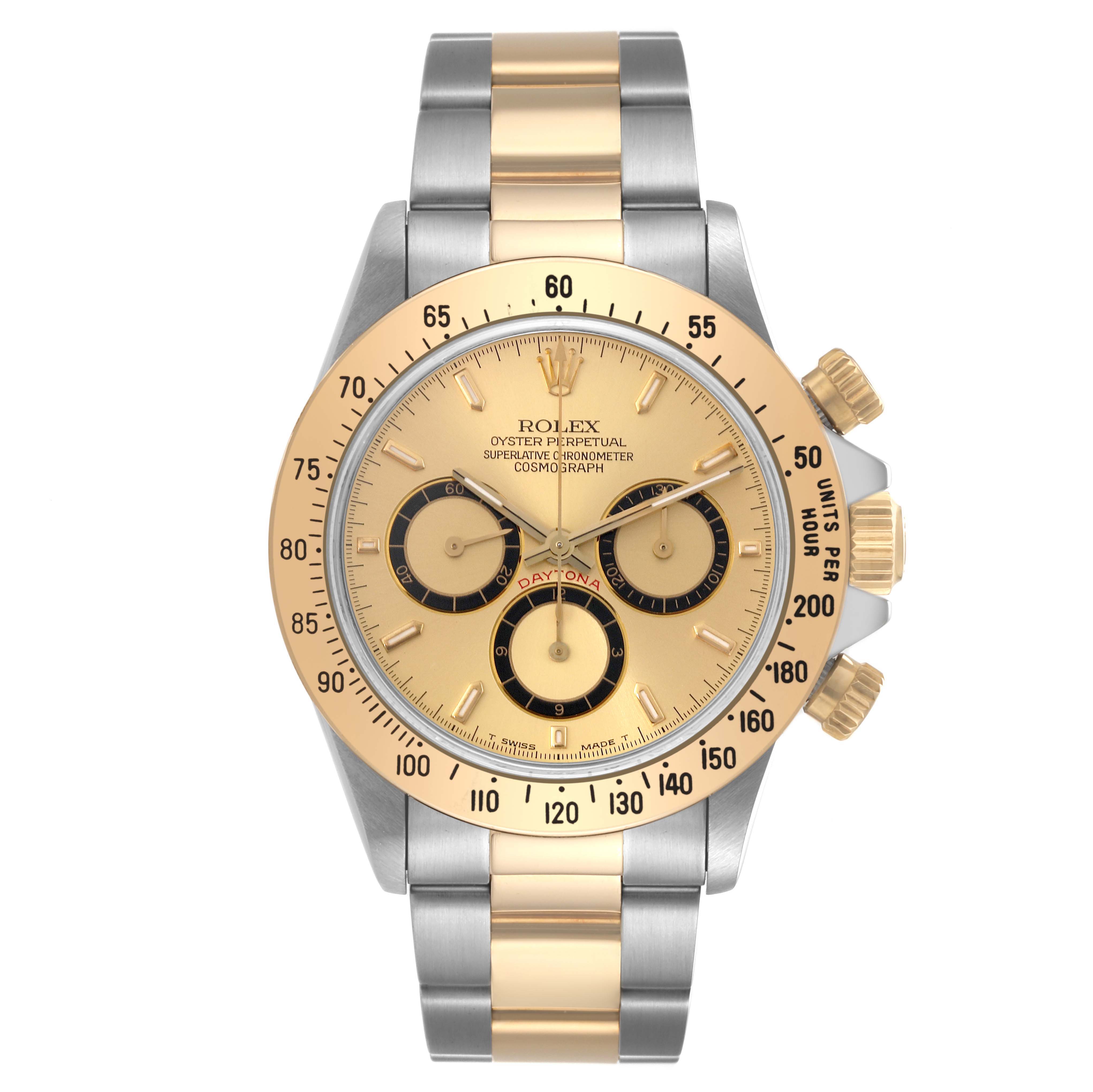 This is a front-facing view of a Rolex Daytona 16523 Men's Steel and Gold (two tone) Champagne Dial 16523 Men's Steel and Gold (two tone) Champagne Dial watch, showing the dial, bezel, crown, and bracelet.