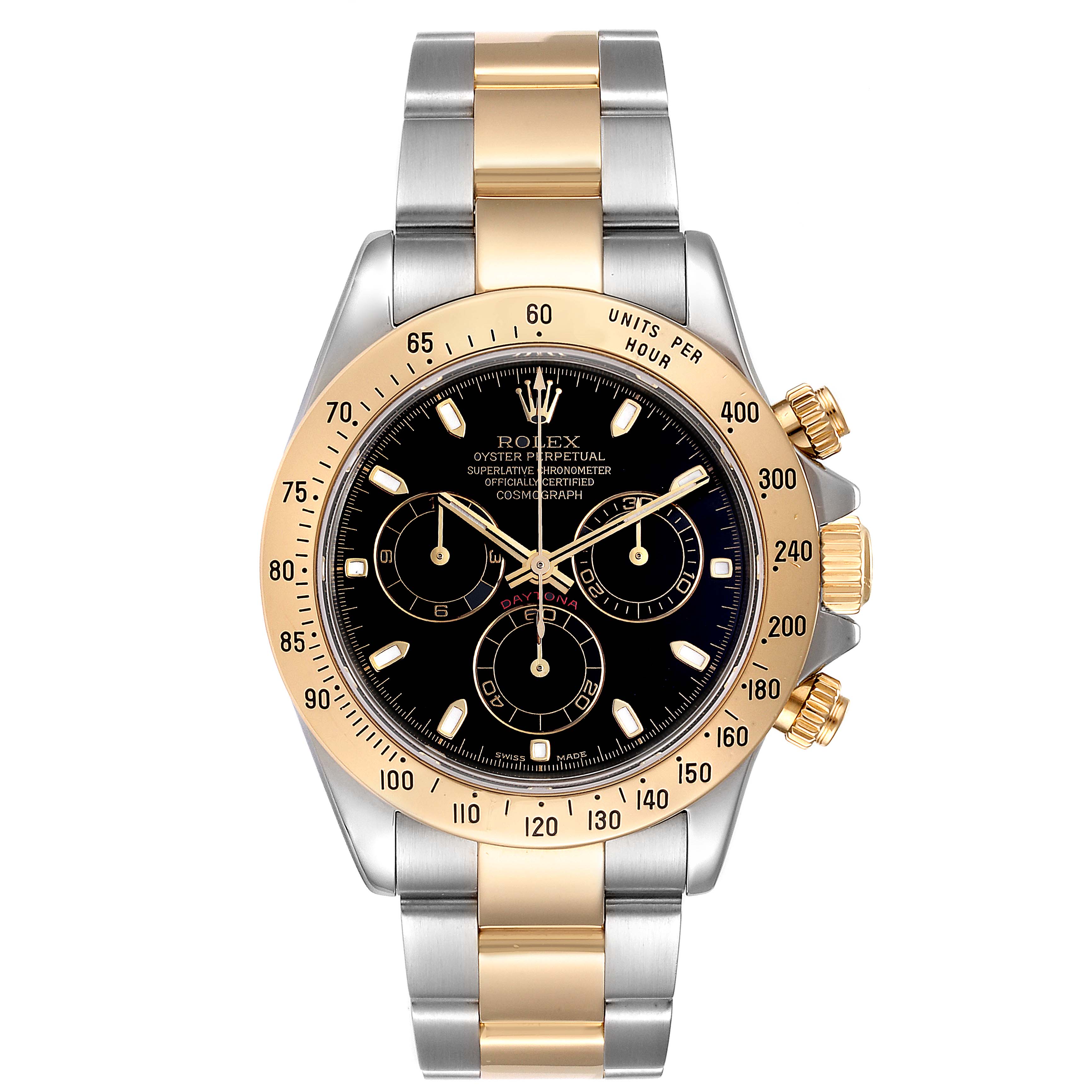 The image shows a front view of a Rolex Daytona 116523 Men
s Steel and Gold (two tone) Black Dial 116523 Men
s Steel and Gold (two tone) Black Dial watch, featuring a gold bezel, black dial, and two-tone metal bracelet.