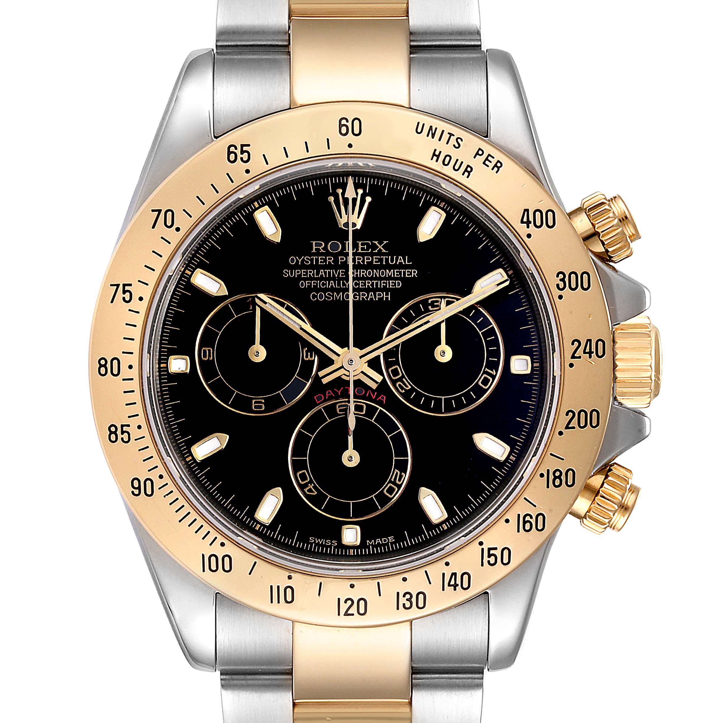 This image shows the front view of a Rolex Daytona 116523 Men
s Steel and Gold (two tone) Black Dial 116523 Men
s Steel and Gold (two tone) Black Dial watch, highlighting the dial, bezel, and pushers.