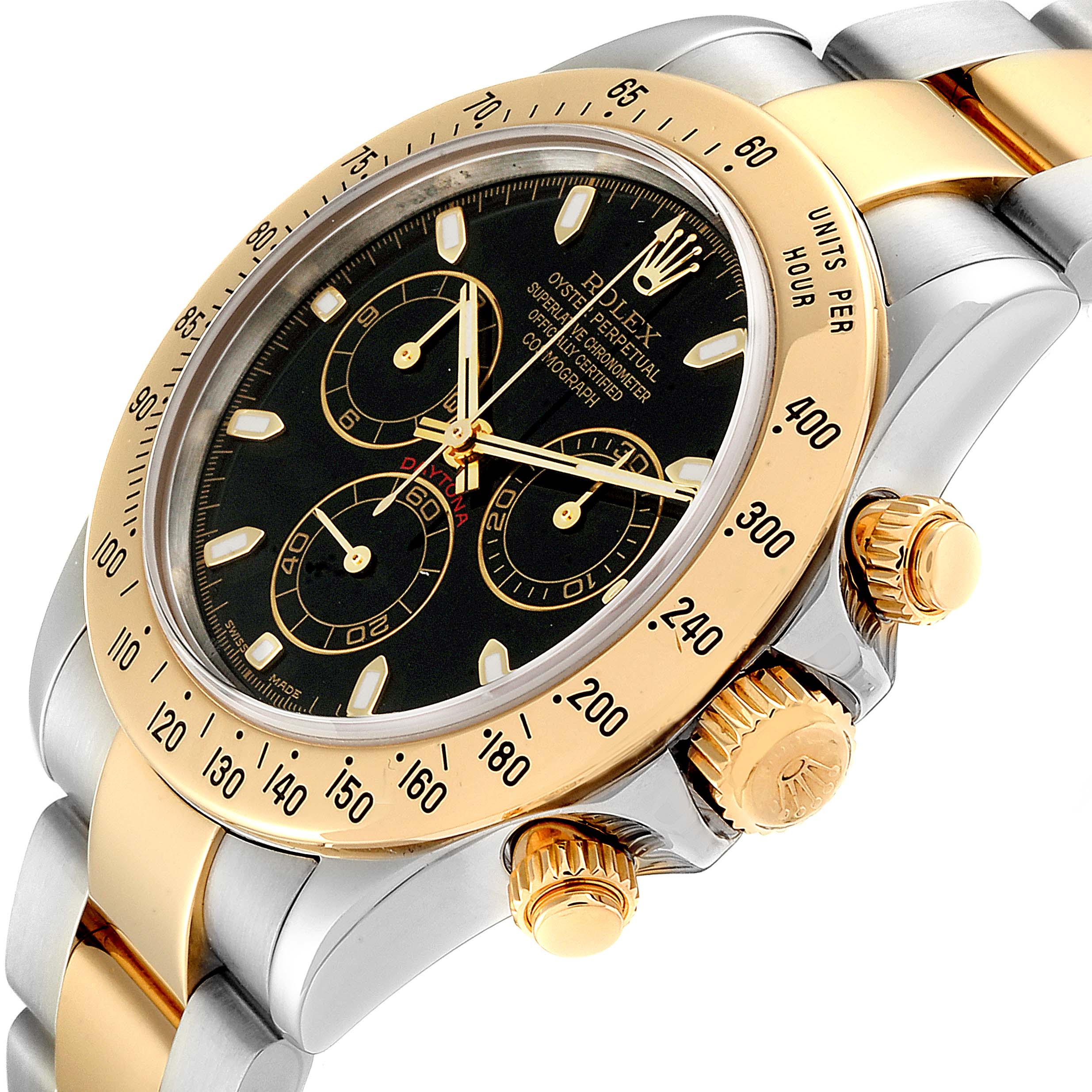 This image shows a side angle of a Rolex Daytona 116523 Men
s Steel and Gold (two tone) Black Dial 116523 Men
s Steel and Gold (two tone) Black Dial watch, highlighting its bezel, face, crown, and pushers.