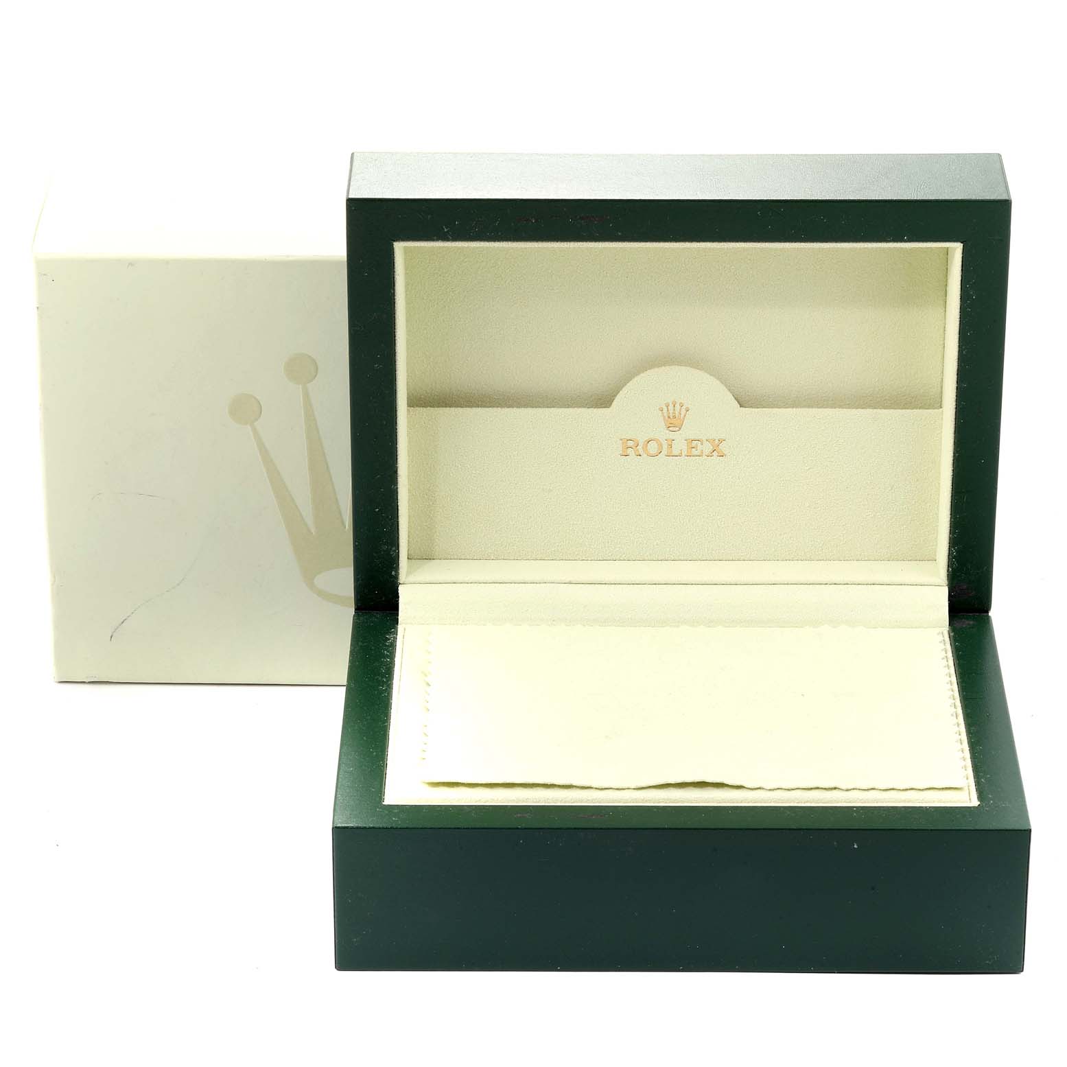 The image shows an empty Rolex Daytona 116523 Men
s Steel and Gold (two tone) Black Dial 116523 Men
s Steel and Gold (two tone) Black Dial watch box, opened to display the interior, with the outer box in the background.