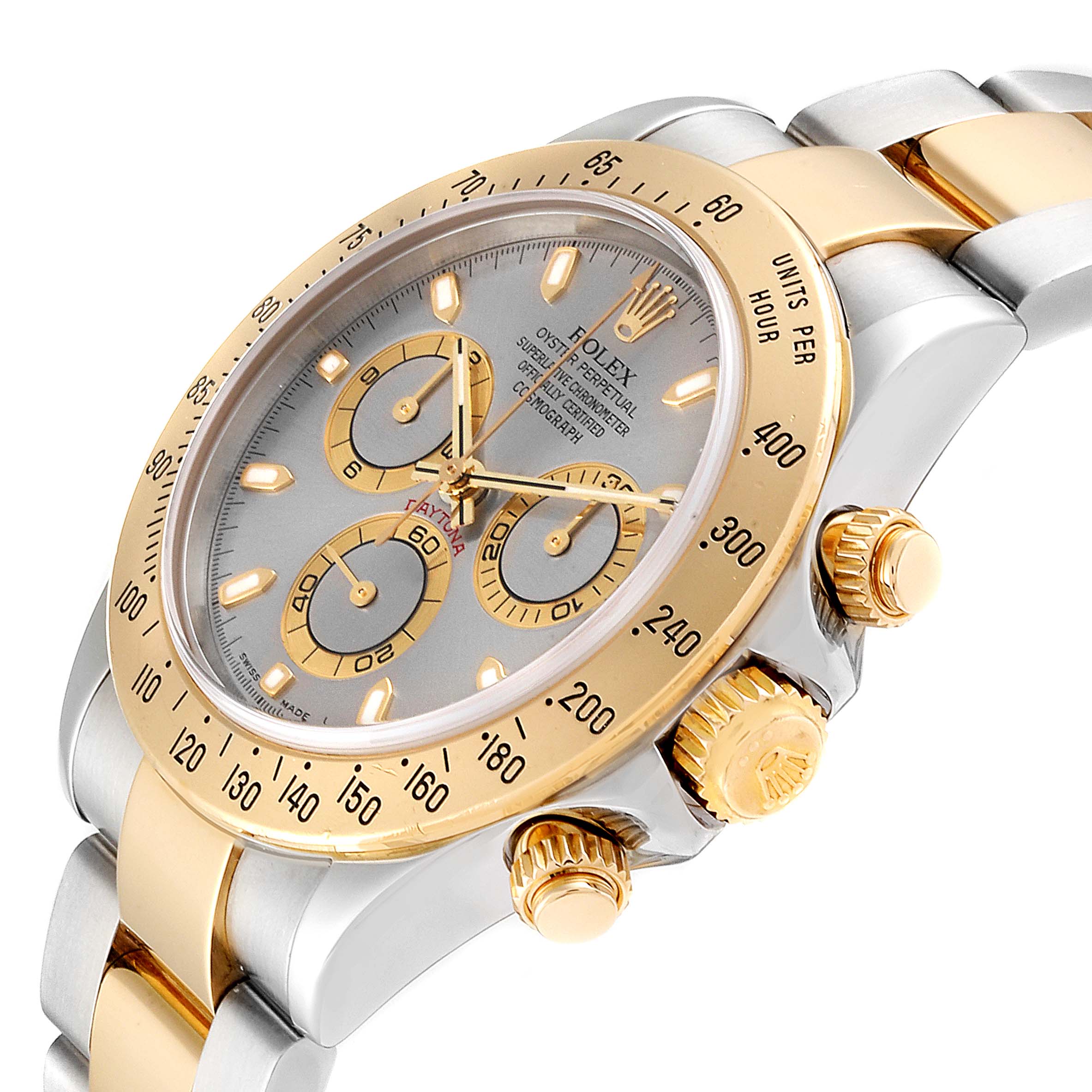The image shows a side angle of the Rolex Daytona 116523 Men
s Steel and Gold (two tone) Grey Dial 116523 Men
s Steel and Gold (two tone) Grey Dial watch, highlighting the dial, bezel, crown, and bracelet.