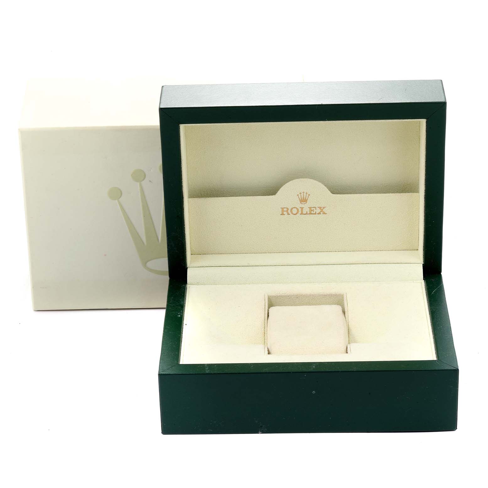 This image shows an open green Rolex watch box without a watch, designed for the Daytona model, placed at an angle with its lid slightly tilted.