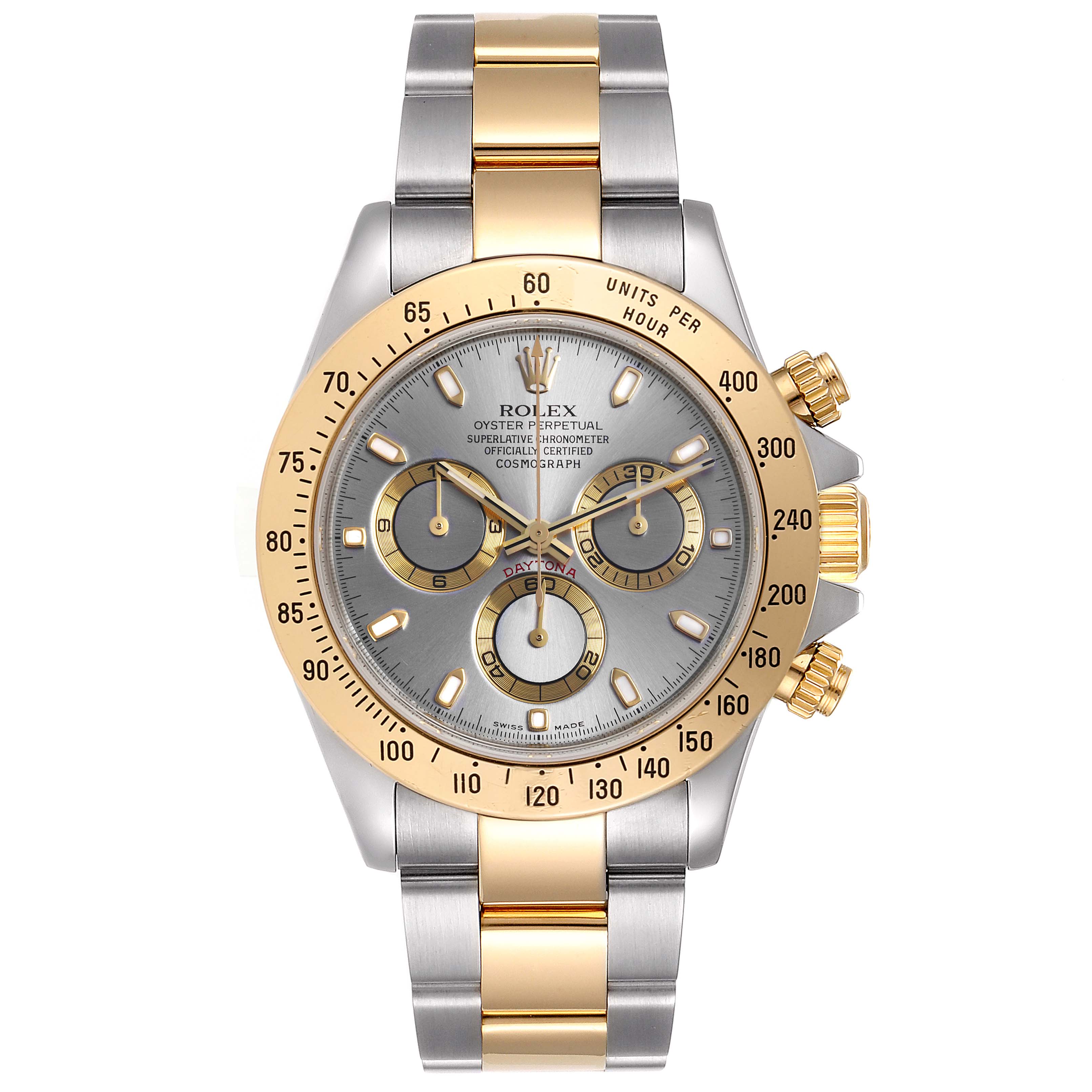 This image shows a front view of the Rolex Daytona 116523 Men
s Steel and Gold (two tone) Grey Dial 116523 Men
s Steel and Gold (two tone) Grey Dial watch, highlighting its bezel, dial, hands, subdials, and bracelet.