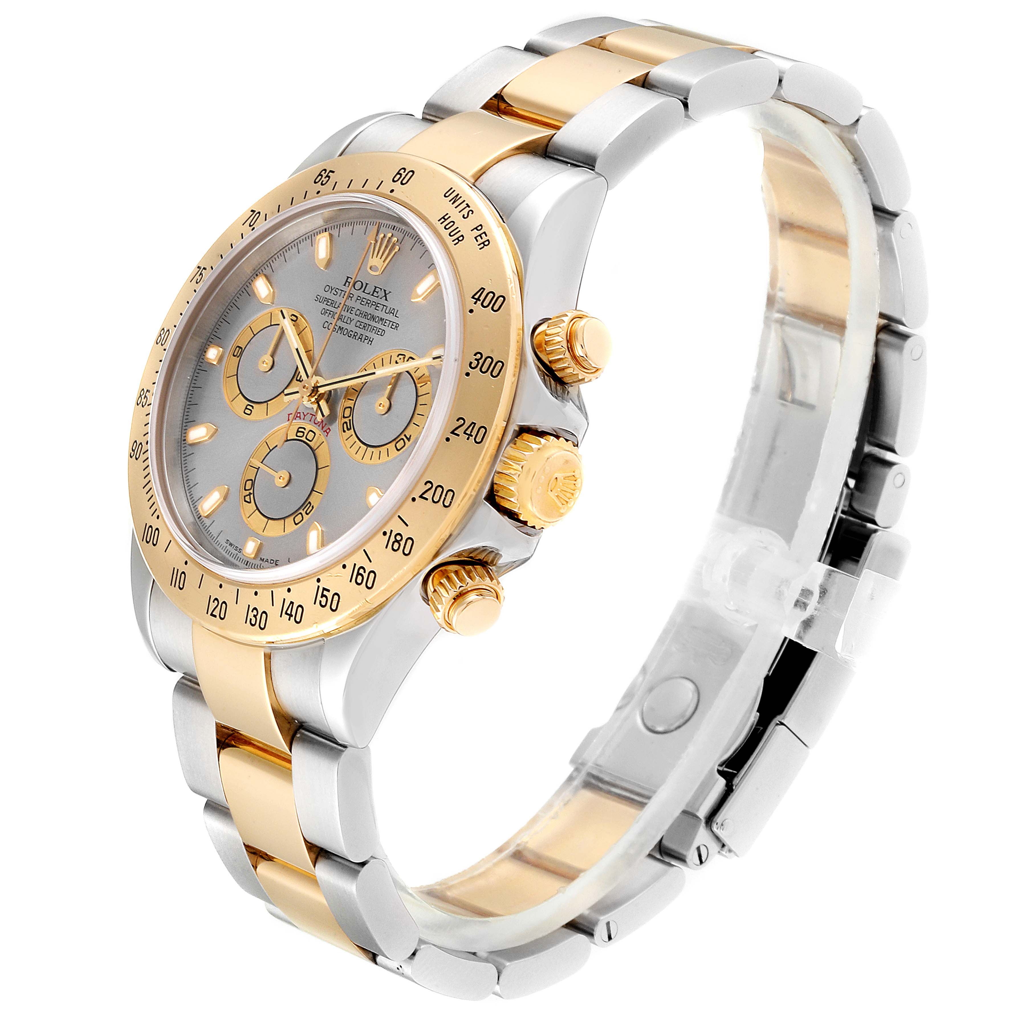 The image shows a Rolex Daytona 116523 Men
s Steel and Gold (two tone) Grey Dial 116523 Men
s Steel and Gold (two tone) Grey Dial watch at a slight angle, highlighting its face, bezel, buttons, and two-tone bracelet.