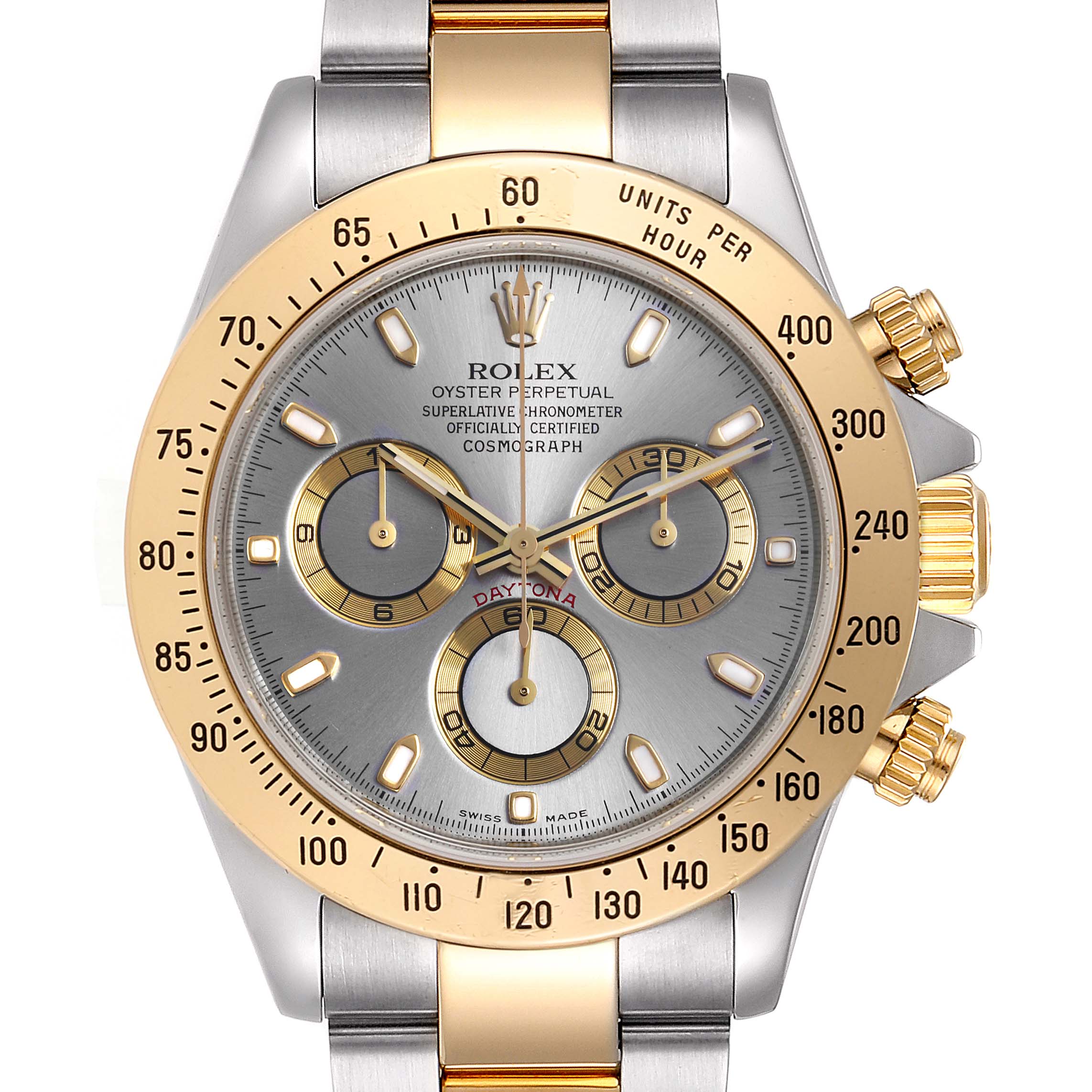 The image shows a front view of a Rolex Daytona 116523 Men
s Steel and Gold (two tone) Grey Dial 116523 Men
s Steel and Gold (two tone) Grey Dial watch, highlighting its dial, bezel, and bracelet.