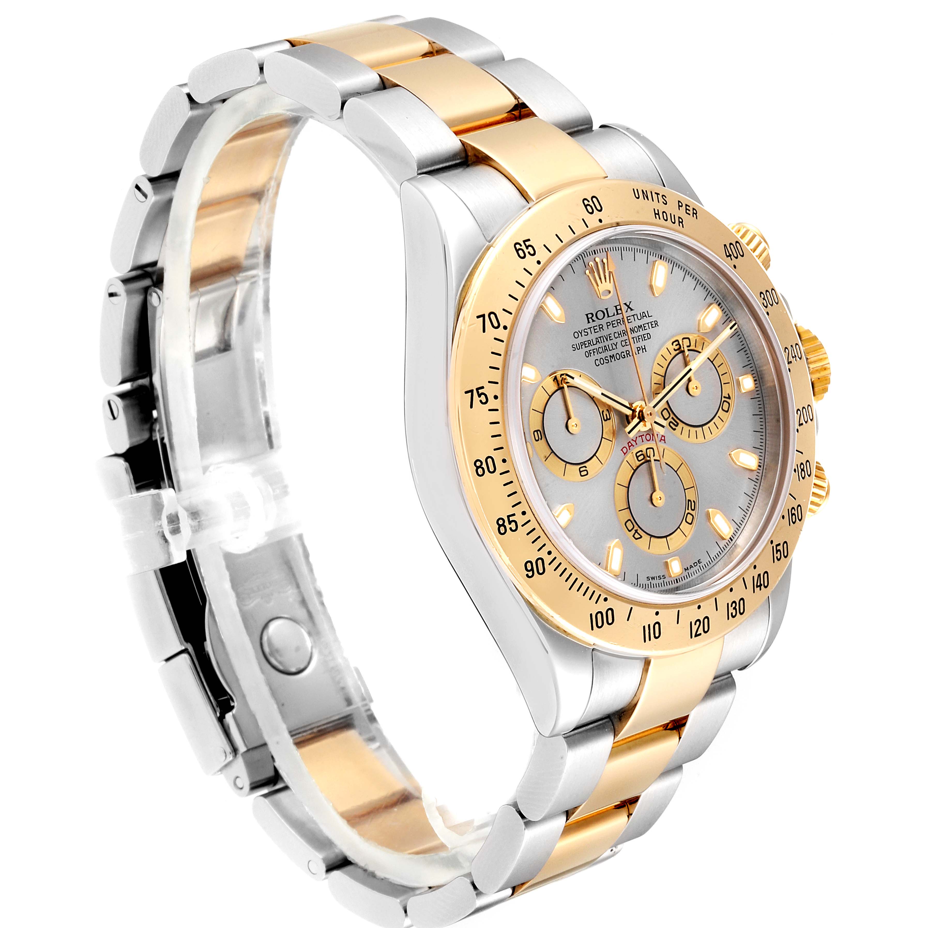 The image shows a side angle of a Rolex Daytona 116523 Men
s Steel and Gold (two tone) Grey Dial 116523 Men
s Steel and Gold (two tone) Grey Dial watch, highlighting its two-tone bracelet, bezel, and chronograph subdials.