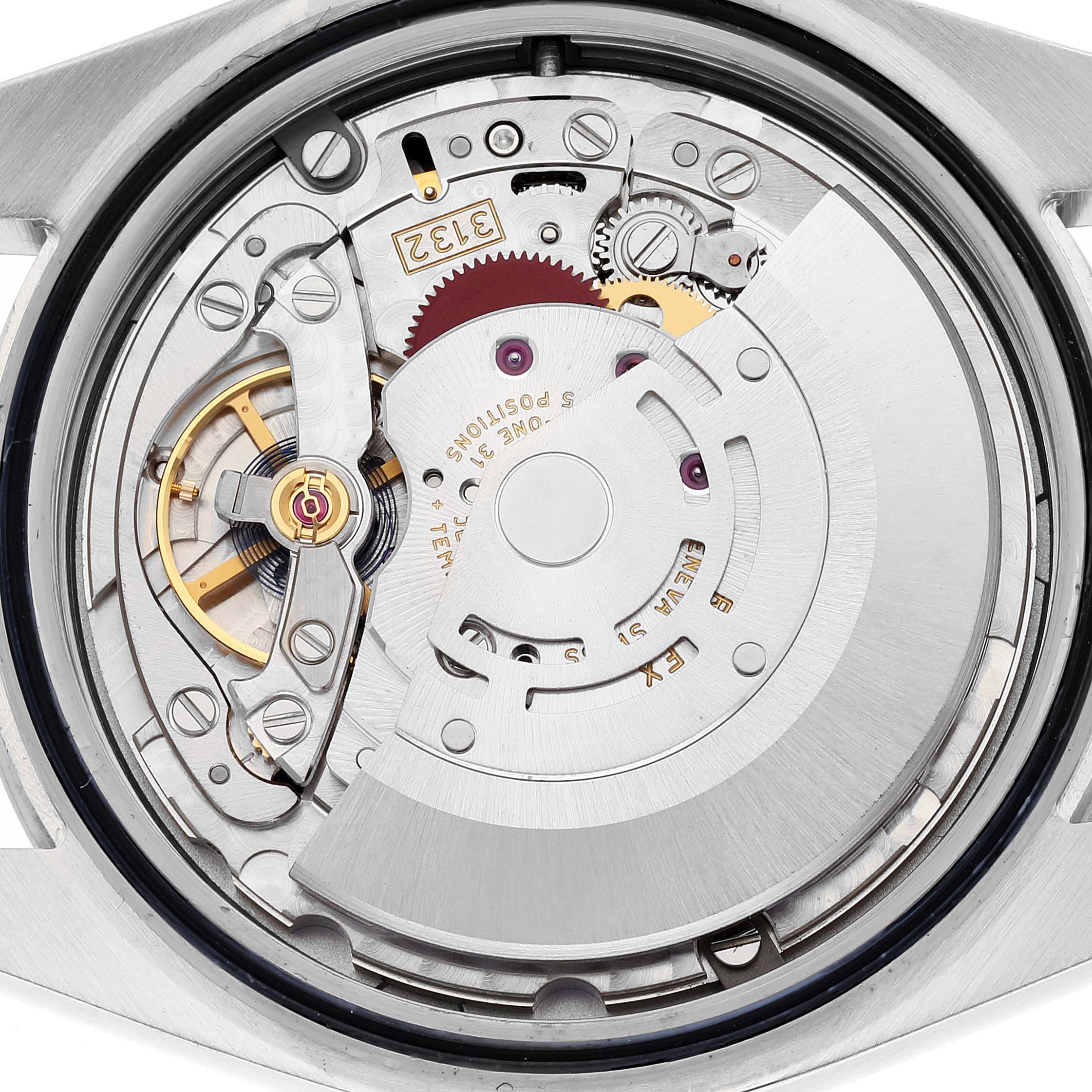 This image shows a close-up view of the movement and internal components of a Rolex Explorer 214270 Men
s Stainless Steel Black Dial 214270 Men
s Stainless Steel Black Dial watch.