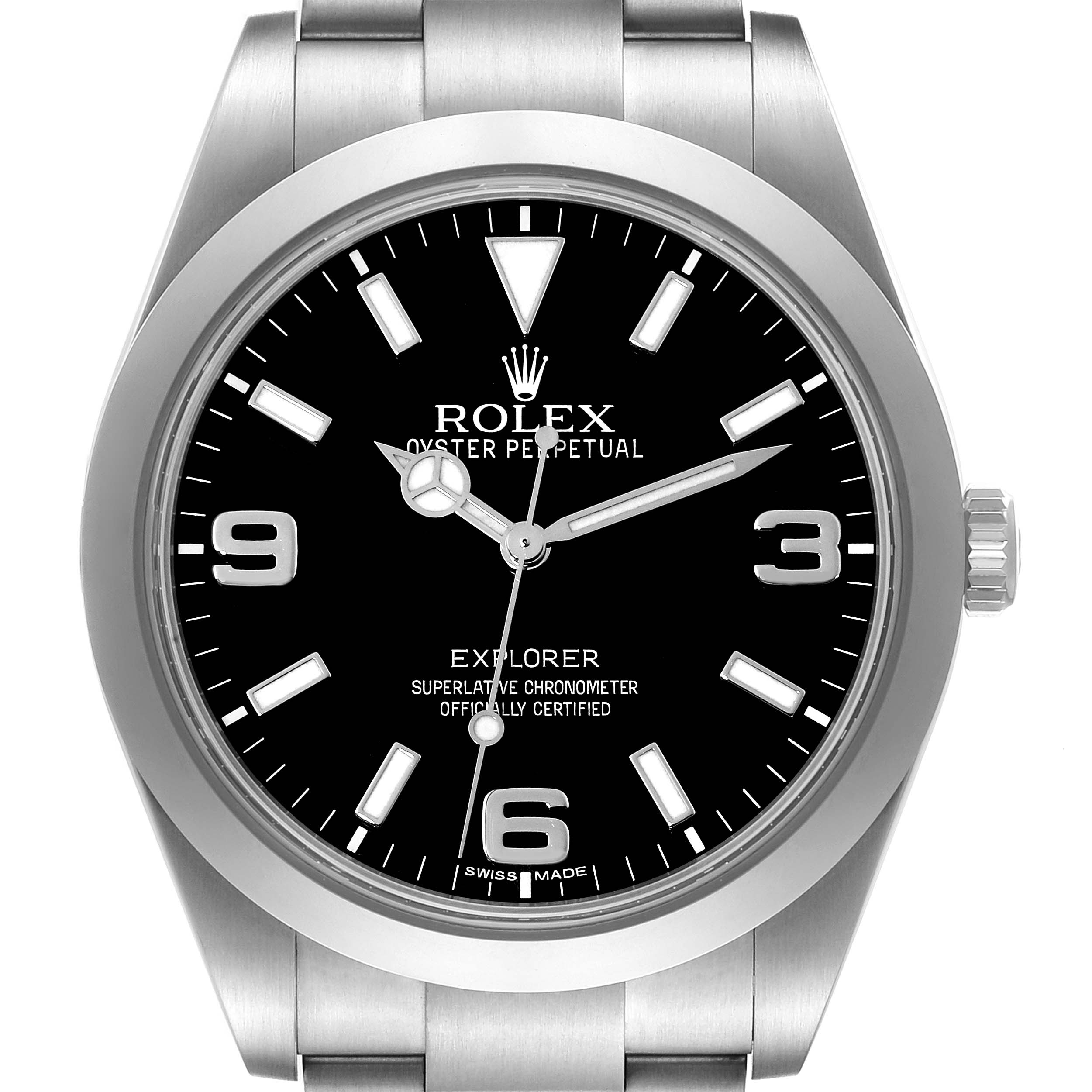 The image shows a front view of the Rolex Explorer 214270 Men
s Stainless Steel Black Dial 214270 Men
s Stainless Steel Black Dial watch, displaying its dial, bezel, and part of the bracelet.