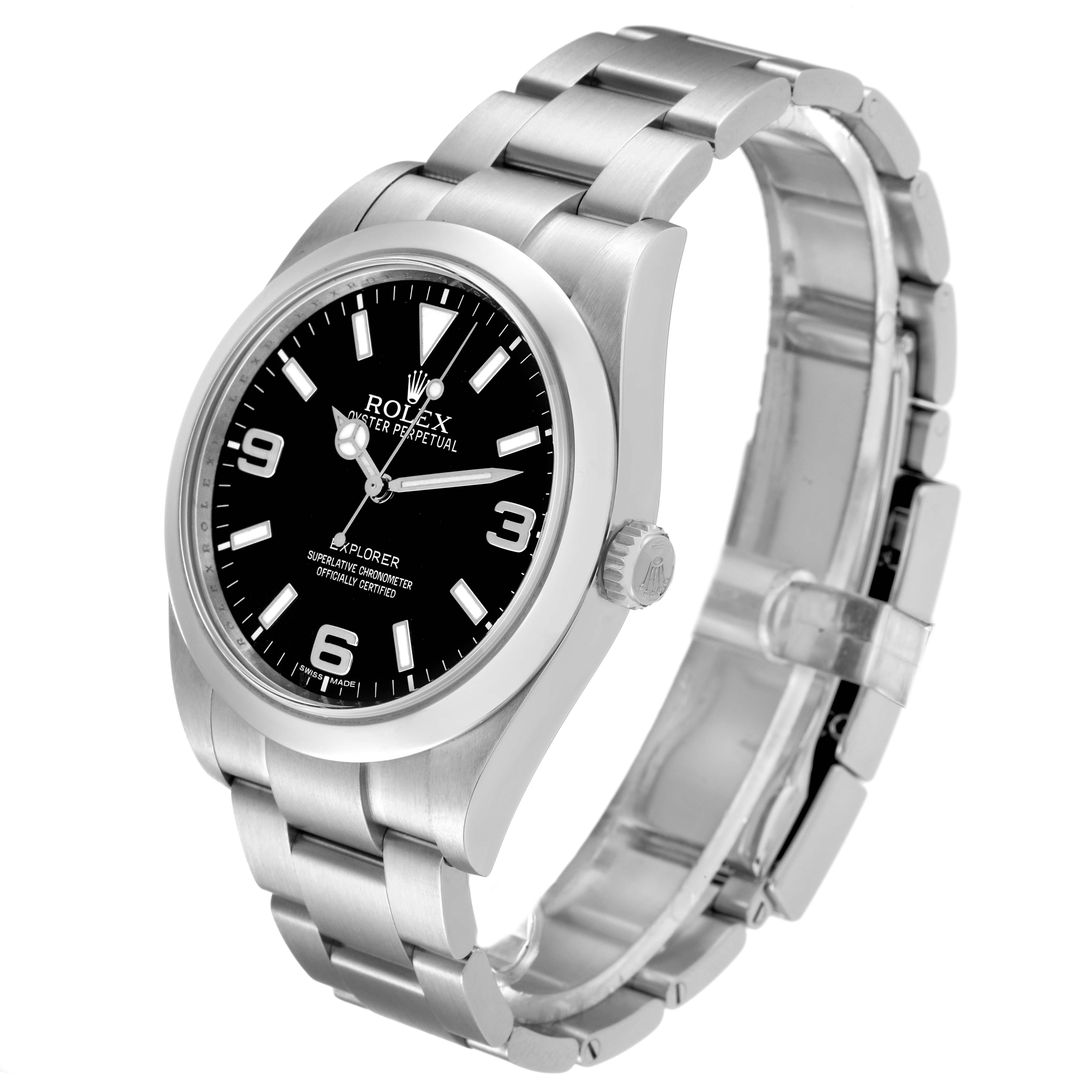 The image shows a side angle of a Rolex Explorer 214270 Men
s Stainless Steel Black Dial 214270 Men
s Stainless Steel Black Dial watch highlighting the bracelet, dial, crown, and case.