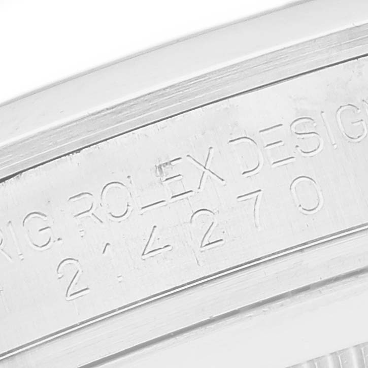 The image shows a close-up of the case with engraving details for a Rolex Explorer 214270 Men
s Stainless Steel Black Dial 214270 Men
s Stainless Steel Black Dial watch.