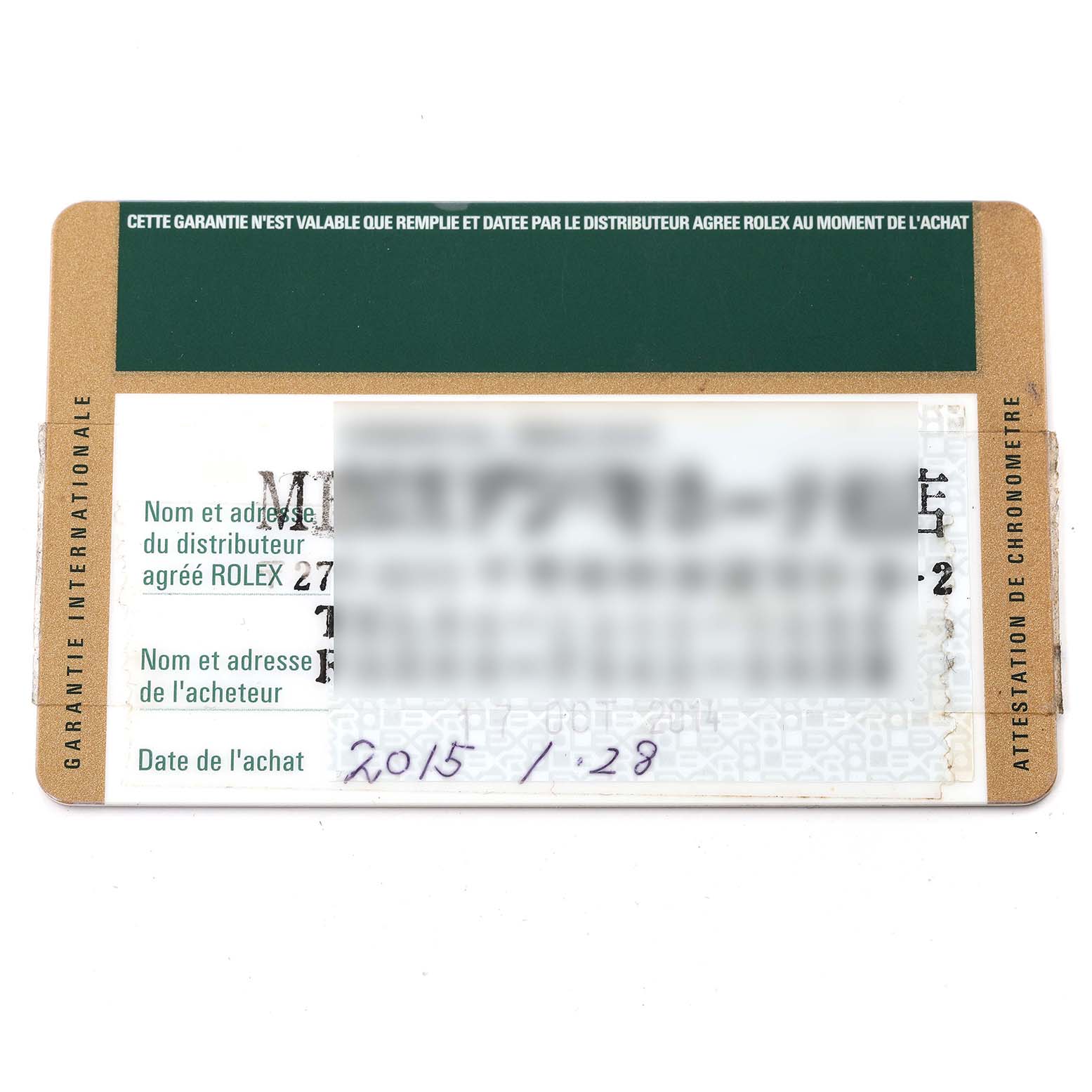 This image shows the guarantee card for the Rolex Explorer 214270 Men
s Stainless Steel Black Dial 214270 Men
s Stainless Steel Black Dial watch, displaying details like distributor and purchase date.