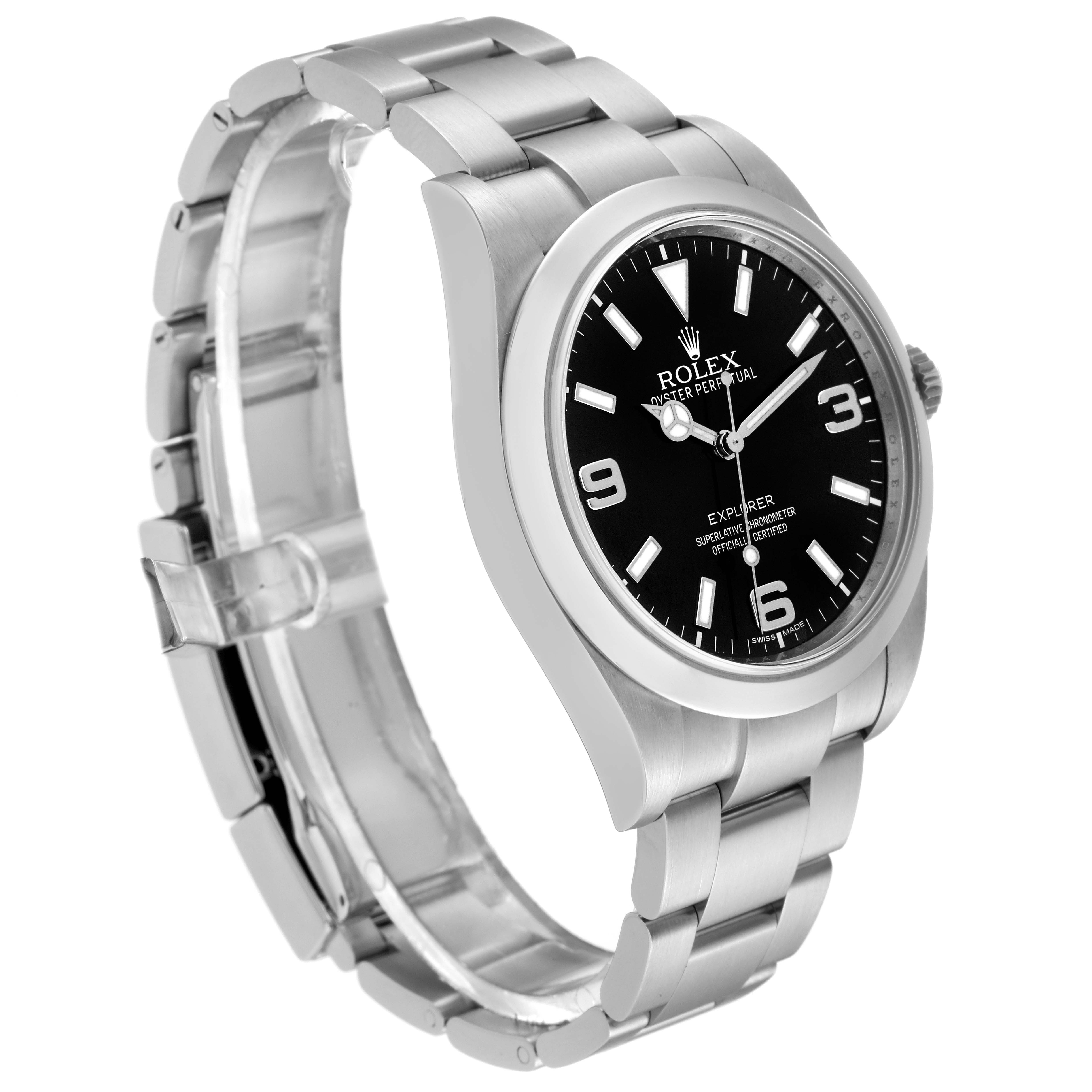 The image shows a side angle of a Rolex Explorer 214270 Men
s Stainless Steel Black Dial 214270 Men
s Stainless Steel Black Dial watch, highlighting the black dial, bezel, crown, and stainless steel bracelet.