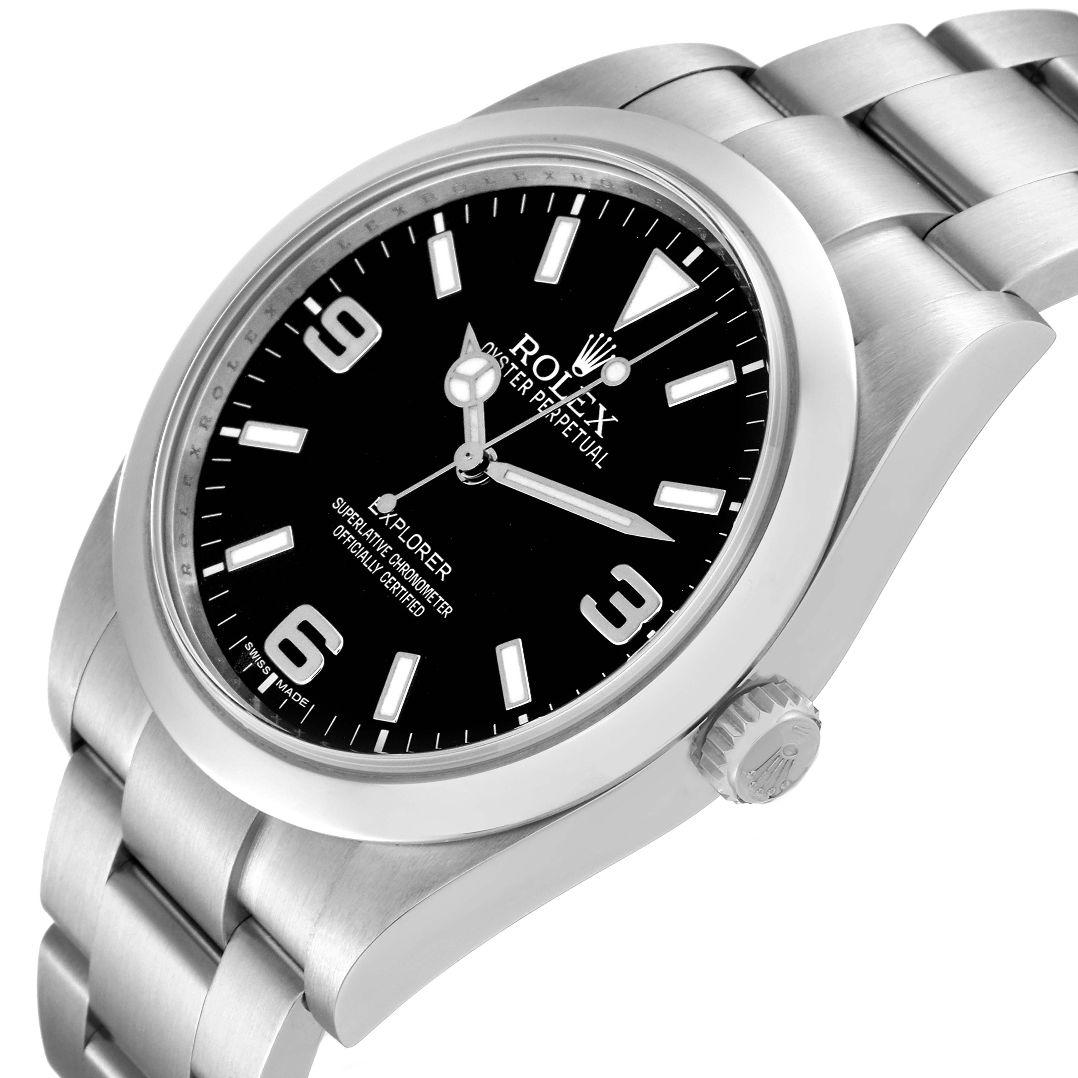 This image shows a Rolex Explorer 214270 Men
s Stainless Steel Black Dial 214270 Men
s Stainless Steel Black Dial watch from an oblique angle, highlighting the bracelet, bezel, dial, and crown.