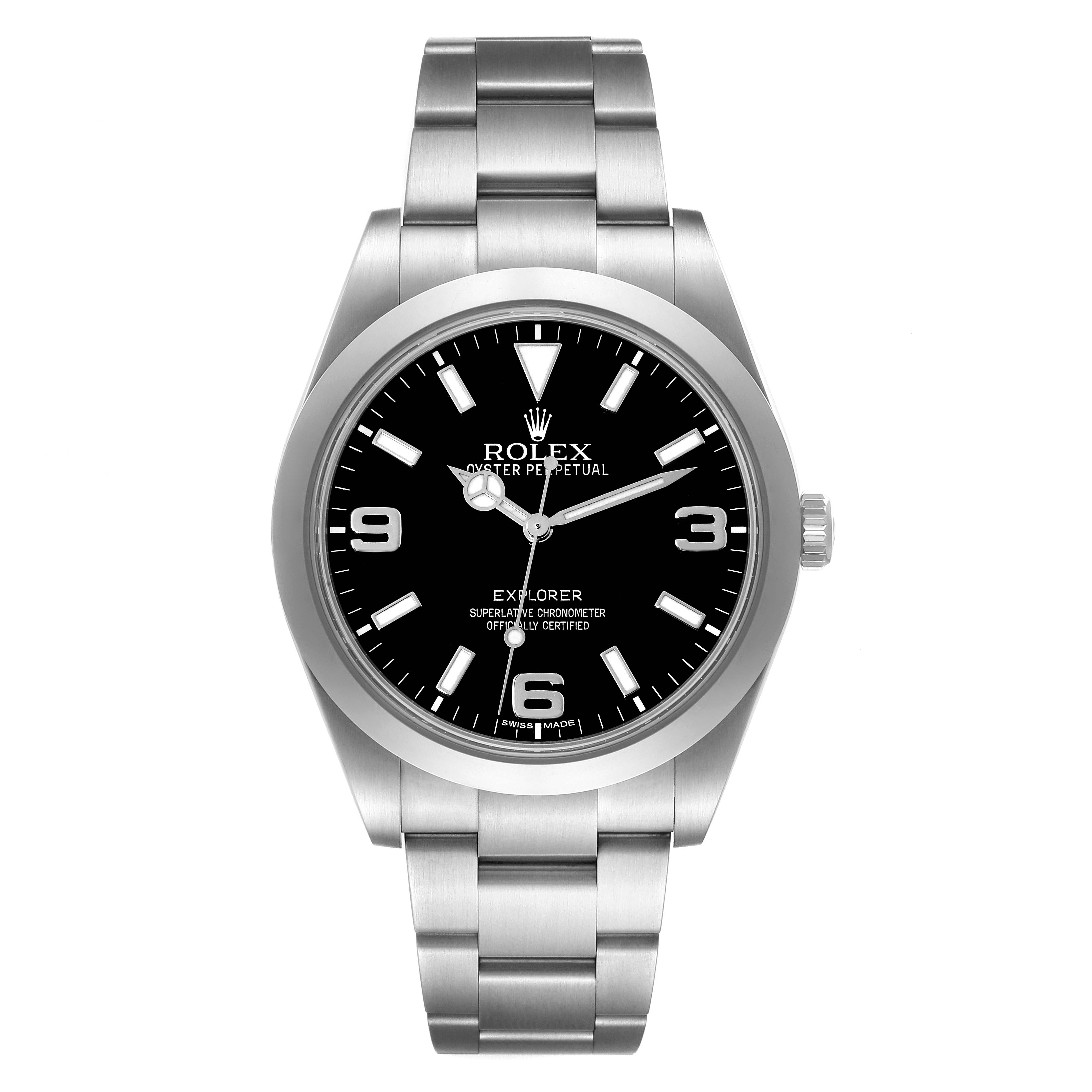 The image shows a front view of a Rolex Explorer 214270 Men
s Stainless Steel Black Dial 214270 Men
s Stainless Steel Black Dial model watch, highlighting its dial, bezel, and bracelet.