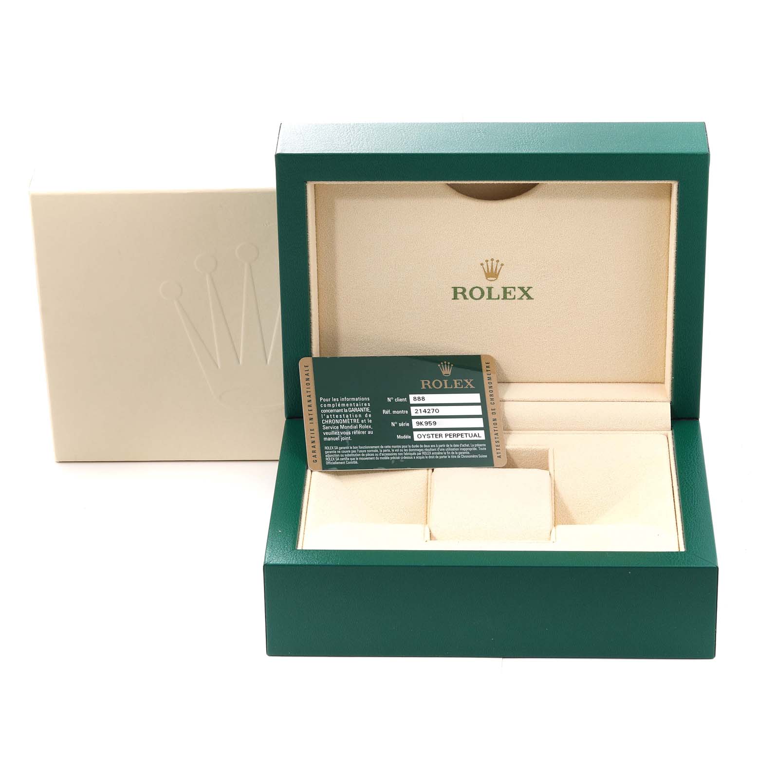 This image shows an opened Rolex Explorer 214270 Men
s Stainless Steel Black Dial 214270 Men
s Stainless Steel Black Dial watch box with a certification card partially inside it.