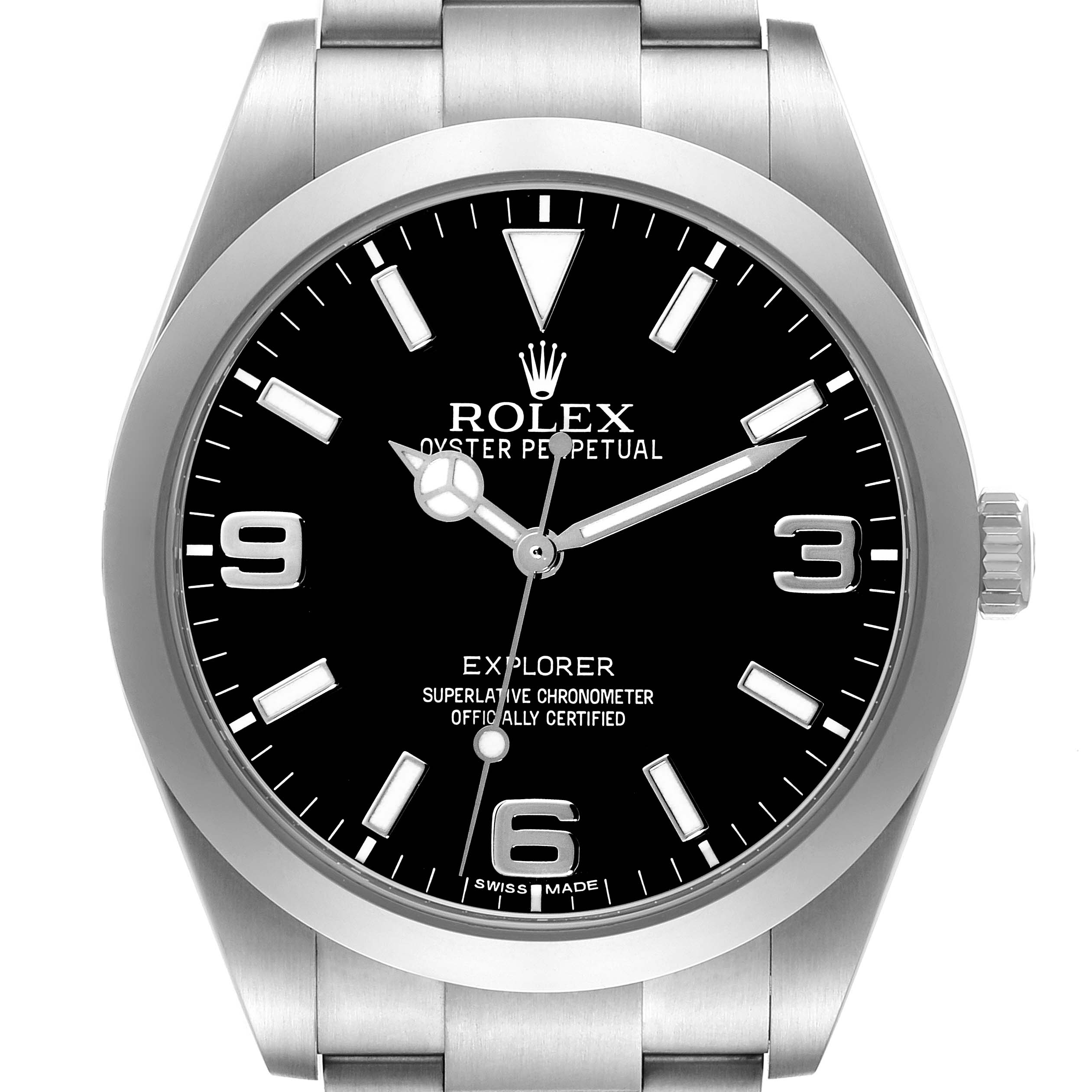 This is a front view of a Rolex Explorer 214270 Men
s Stainless Steel Black Dial 214270 Men
s Stainless Steel Black Dial model watch, showing the dial, bezel, crown, and part of the bracelet.