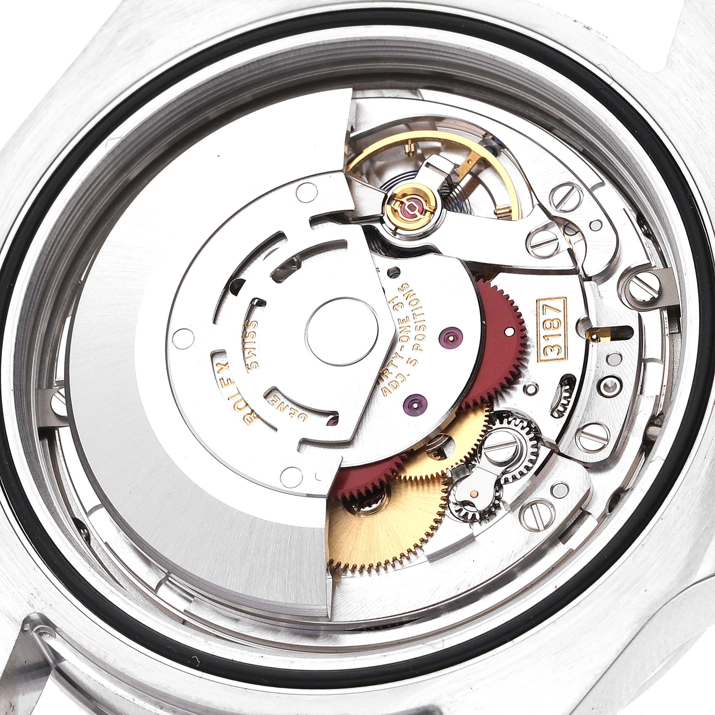 This image shows the internal mechanism and movement of a Rolex Explorer 216570 Men's Stainless Steel Black Dial 216570 Men's Stainless Steel Black Dial watch from a top-down angle.