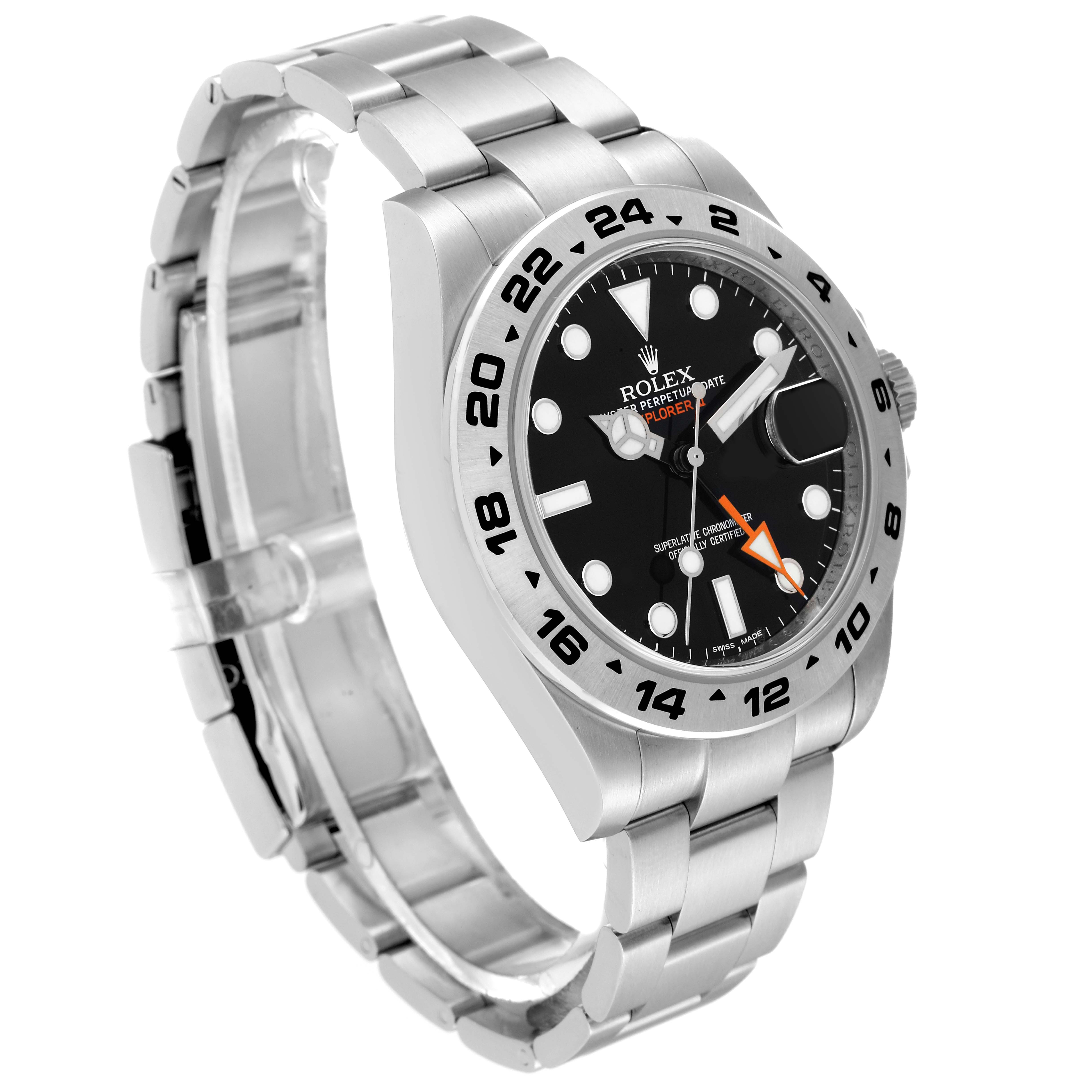 The image shows a side view of the Rolex Explorer 216570 Men's Stainless Steel Black Dial 216570 Men's Stainless Steel Black Dial watch, highlighting its bracelet, bezel, and dial.