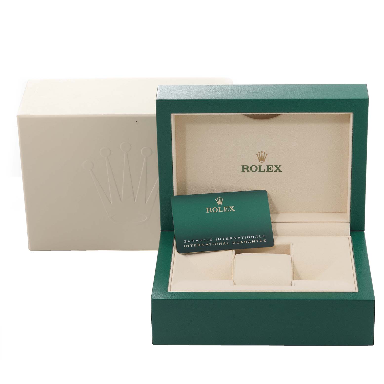 The image shows an open Rolex Explorer 216570 Men
s Stainless Steel White Dial 216570 Men
s Stainless Steel White Dial box with its guarantee card, viewed from the front.