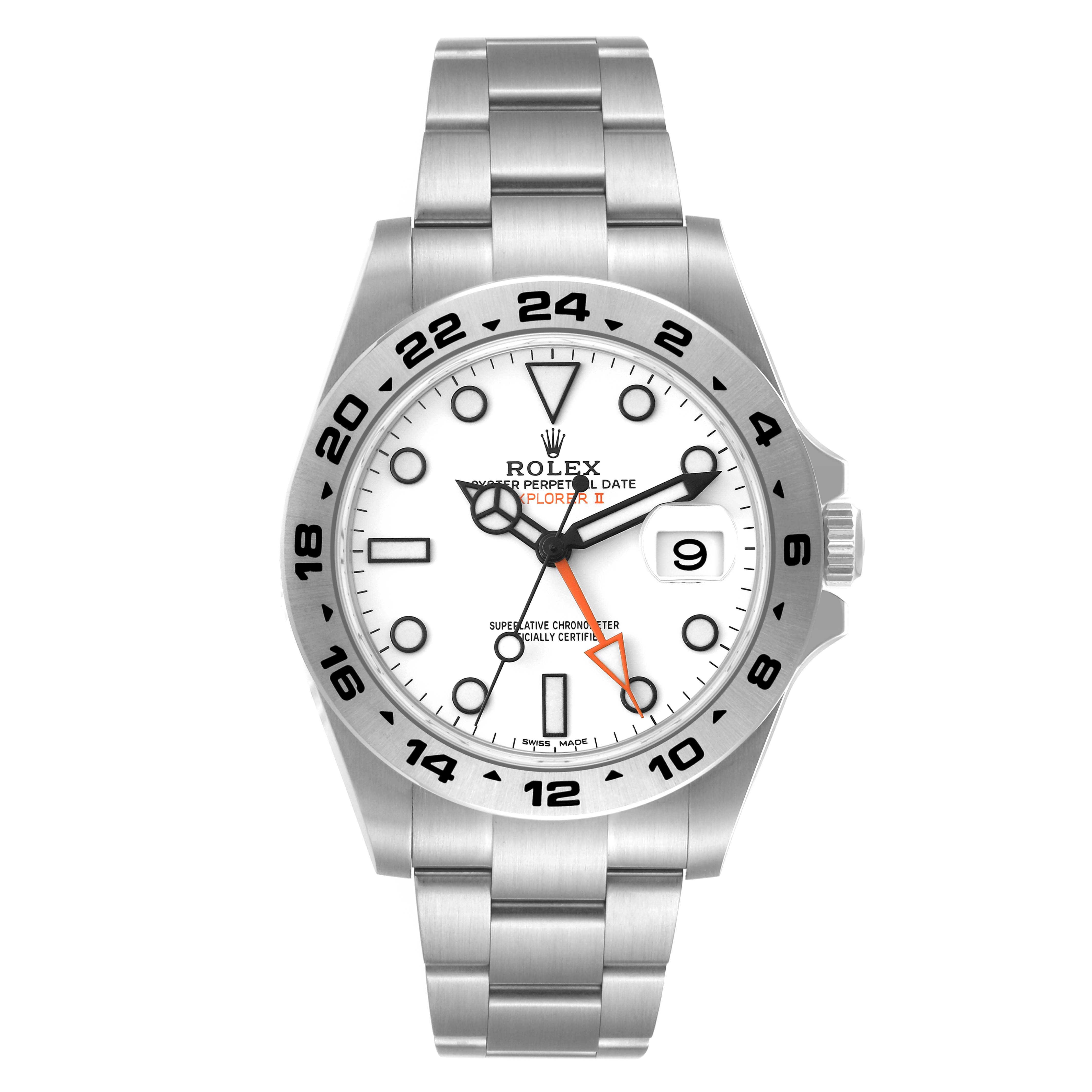 This Rolex Explorer 216570 Men
s Stainless Steel White Dial 216570 Men
s Stainless Steel White Dial watch is shown from a top-down angle, displaying its dial, bezel, crown, and bracelet.
