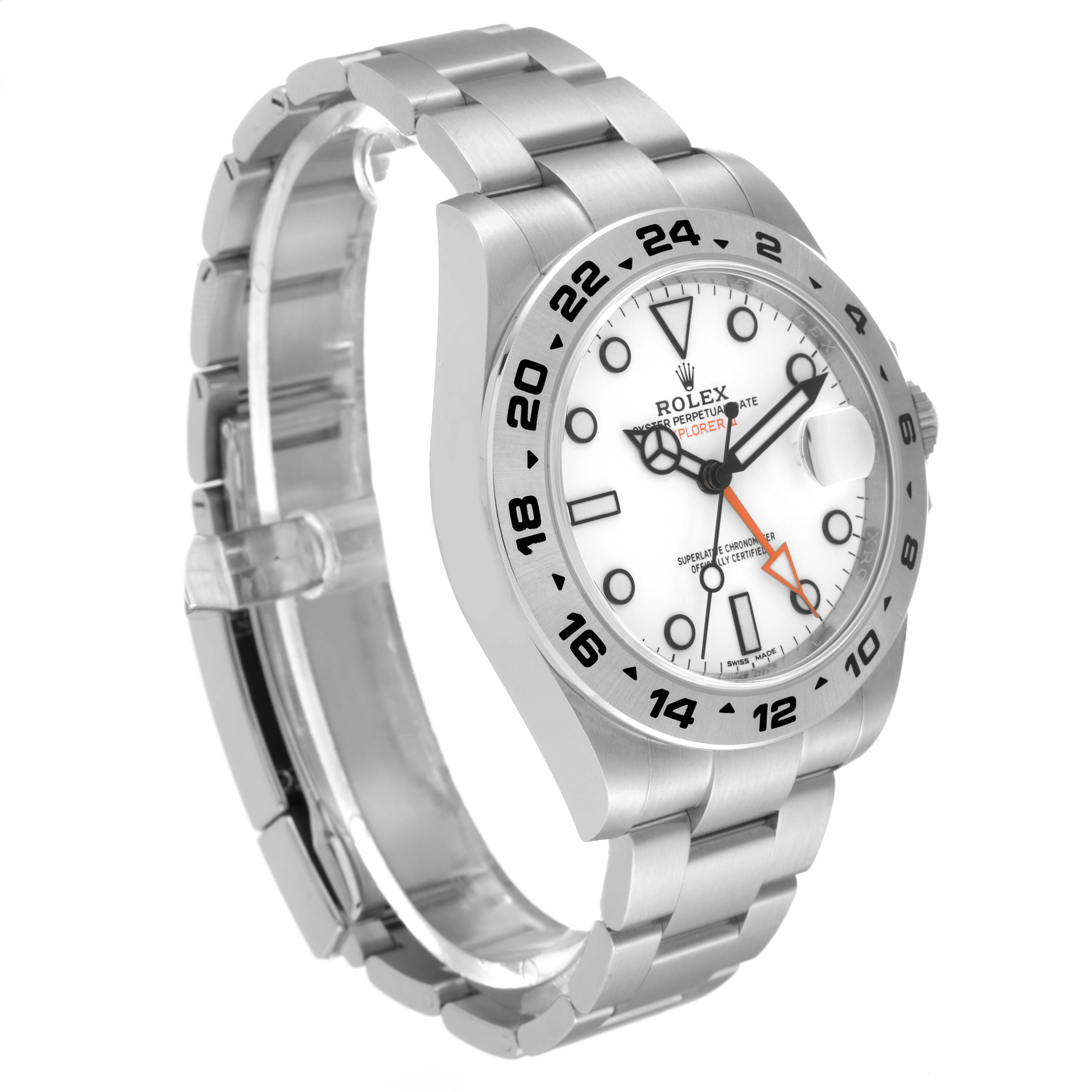 The image shows a Rolex Explorer 216570 Men
s Stainless Steel White Dial 216570 Men
s Stainless Steel White Dial watch angled to display the face, bezel, crown, and metal bracelet.