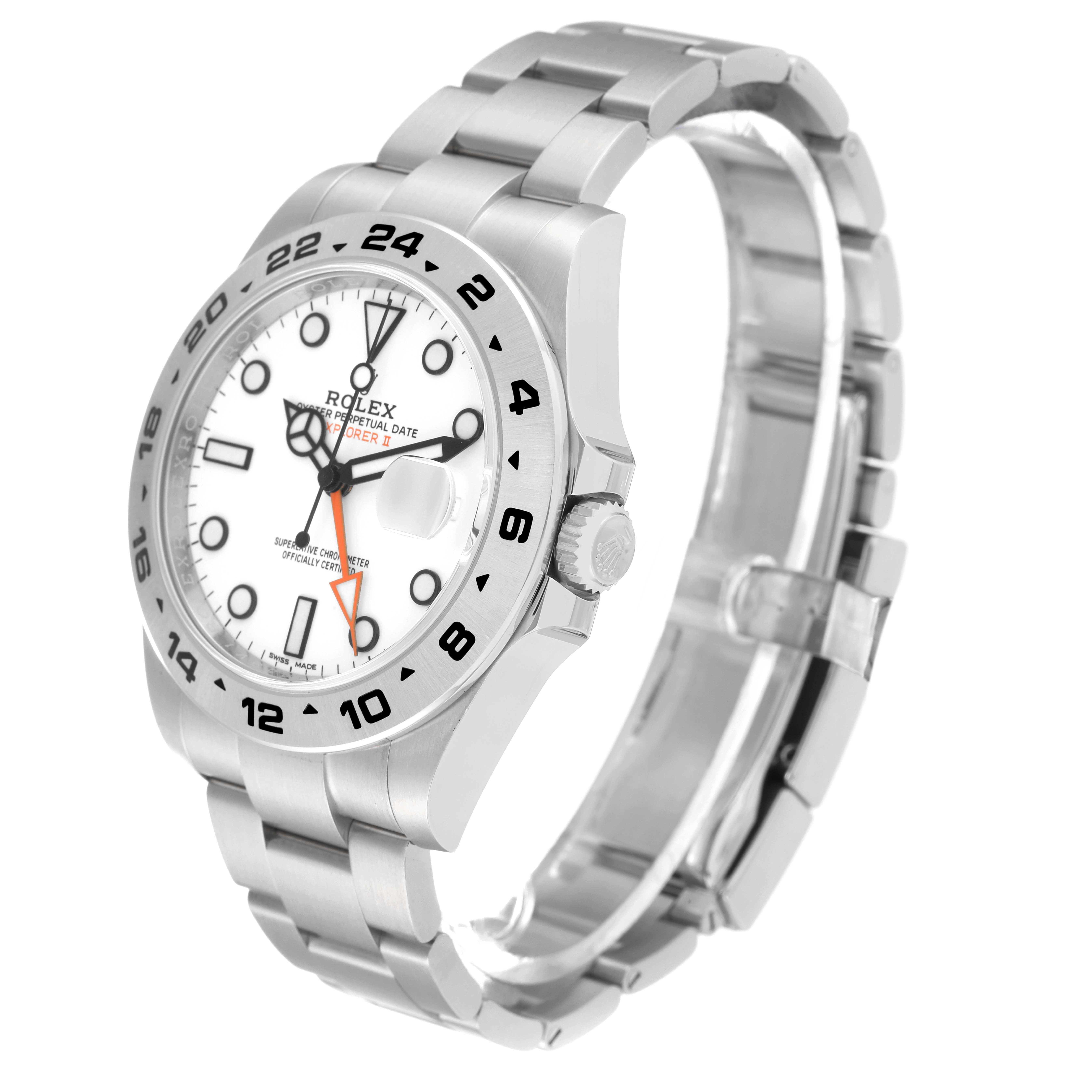 The watch is a Rolex Explorer 216570 Men
s Stainless Steel White Dial 216570 Men
s Stainless Steel White Dial model shown at a three-quarter angle, highlighting the face, bezel, crown, and strap.