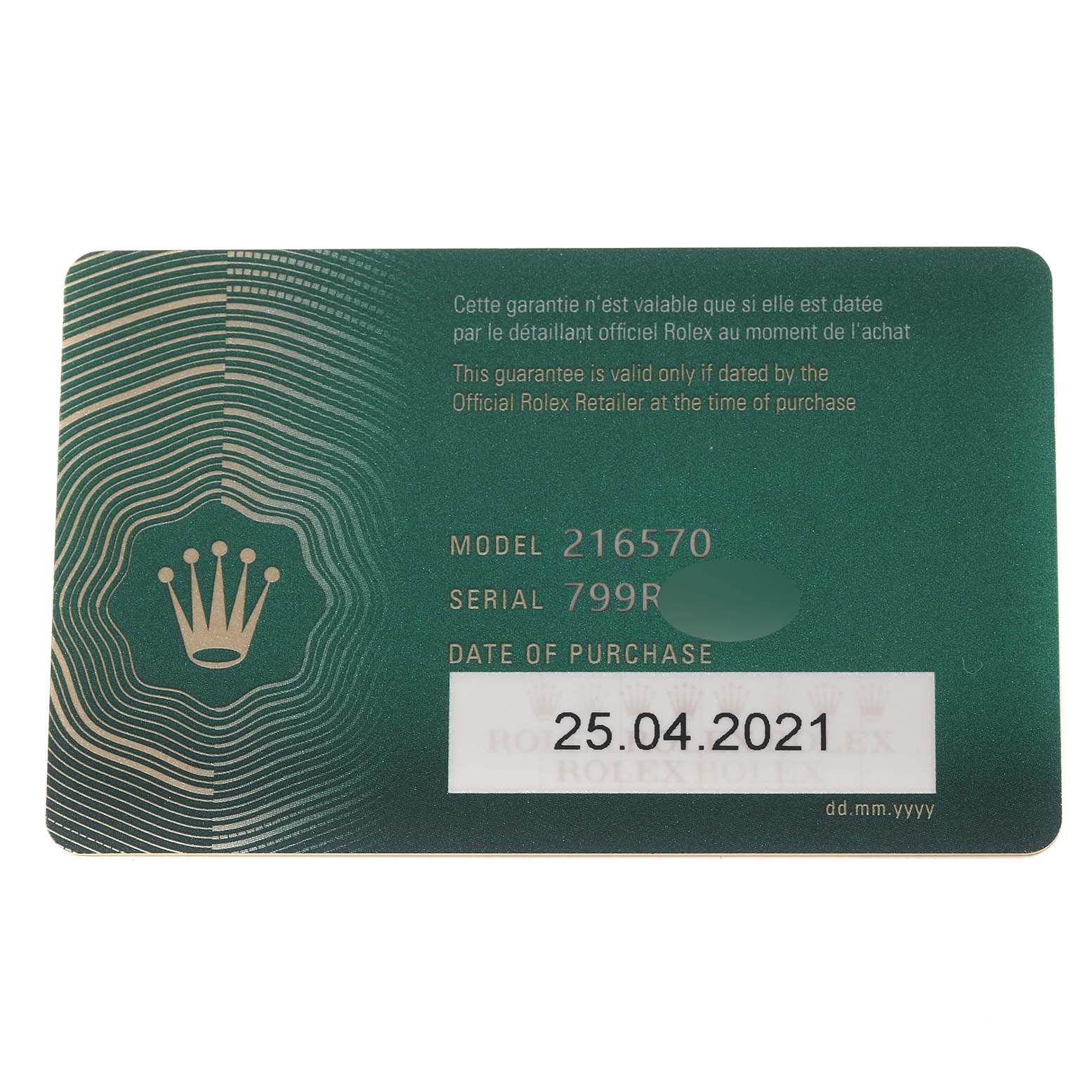 The image shows a warranty card for the Rolex Explorer 216570 Men
s Stainless Steel White Dial 216570 Men
s Stainless Steel White Dial model 216570, displaying purchase date, serial number, and model number.