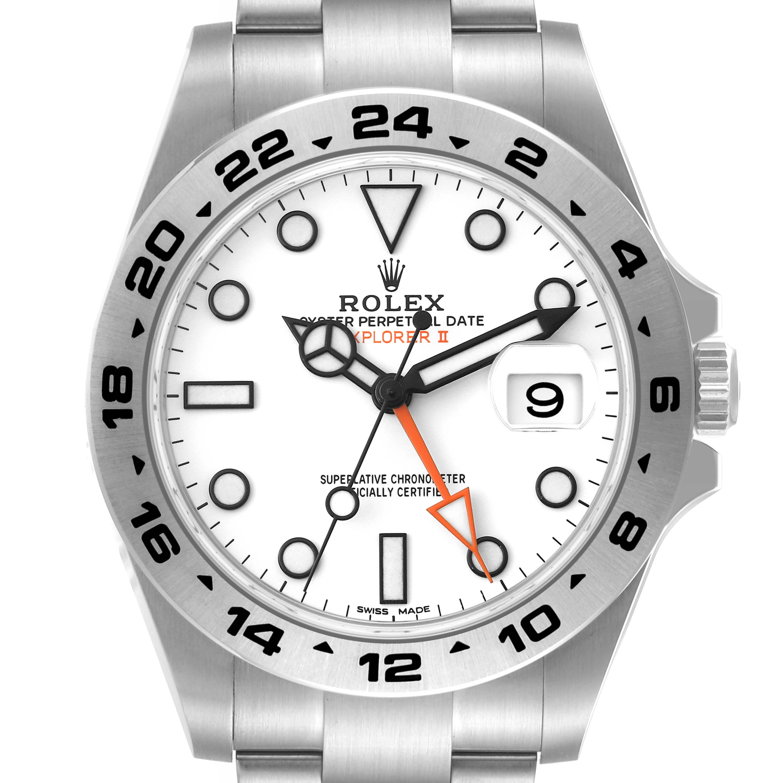 This image shows a front view of the Rolex Explorer 216570 Men
s Stainless Steel White Dial 216570 Men
s Stainless Steel White Dial watch, featuring its dial, bezel, and part of the bracelet.