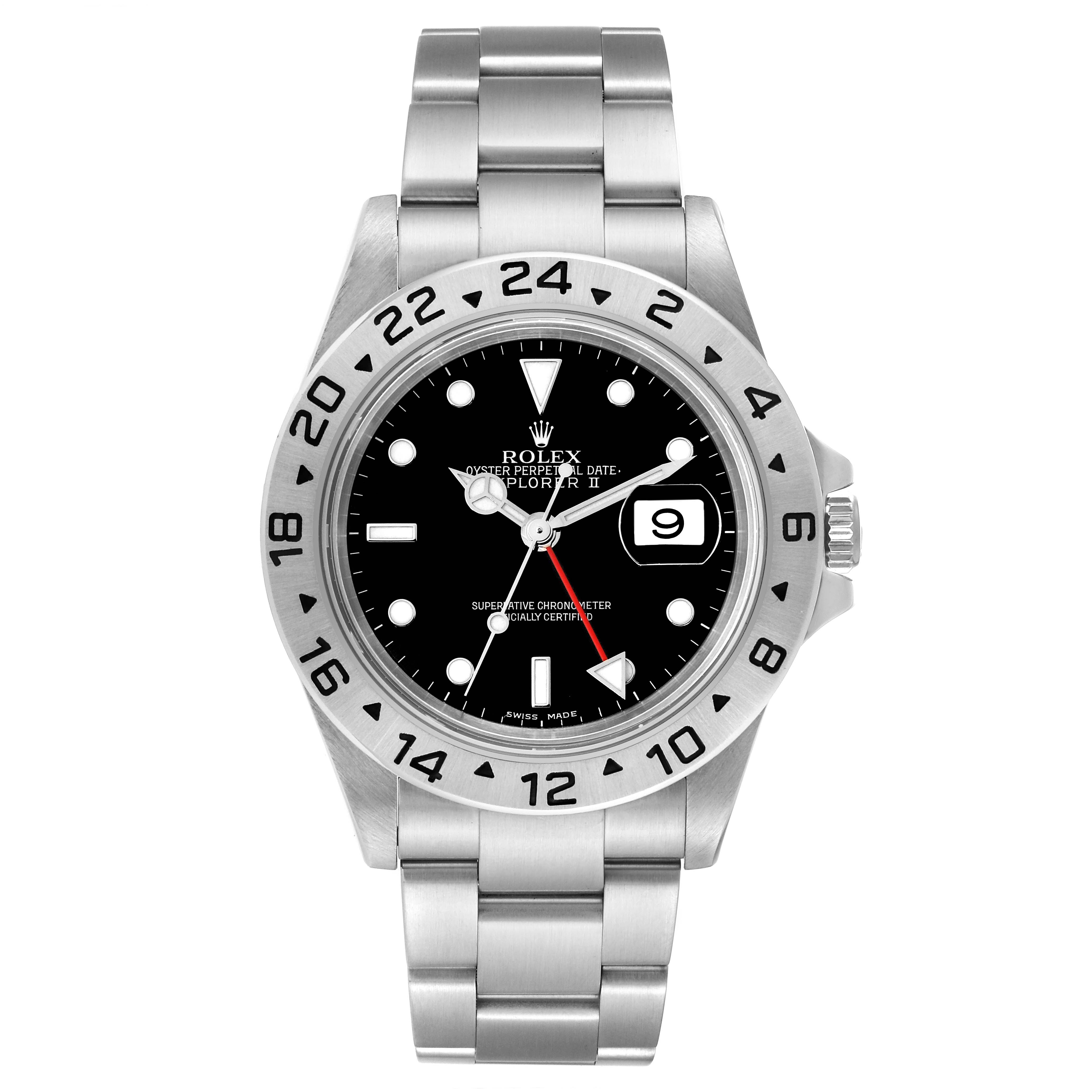 This image shows a frontal view of a Rolex Explorer 16570 Men
s Stainless Steel Black Dial 16570 Men
s Stainless Steel Black Dial watch, highlighting the dial, bezel, bracelet, and date feature.