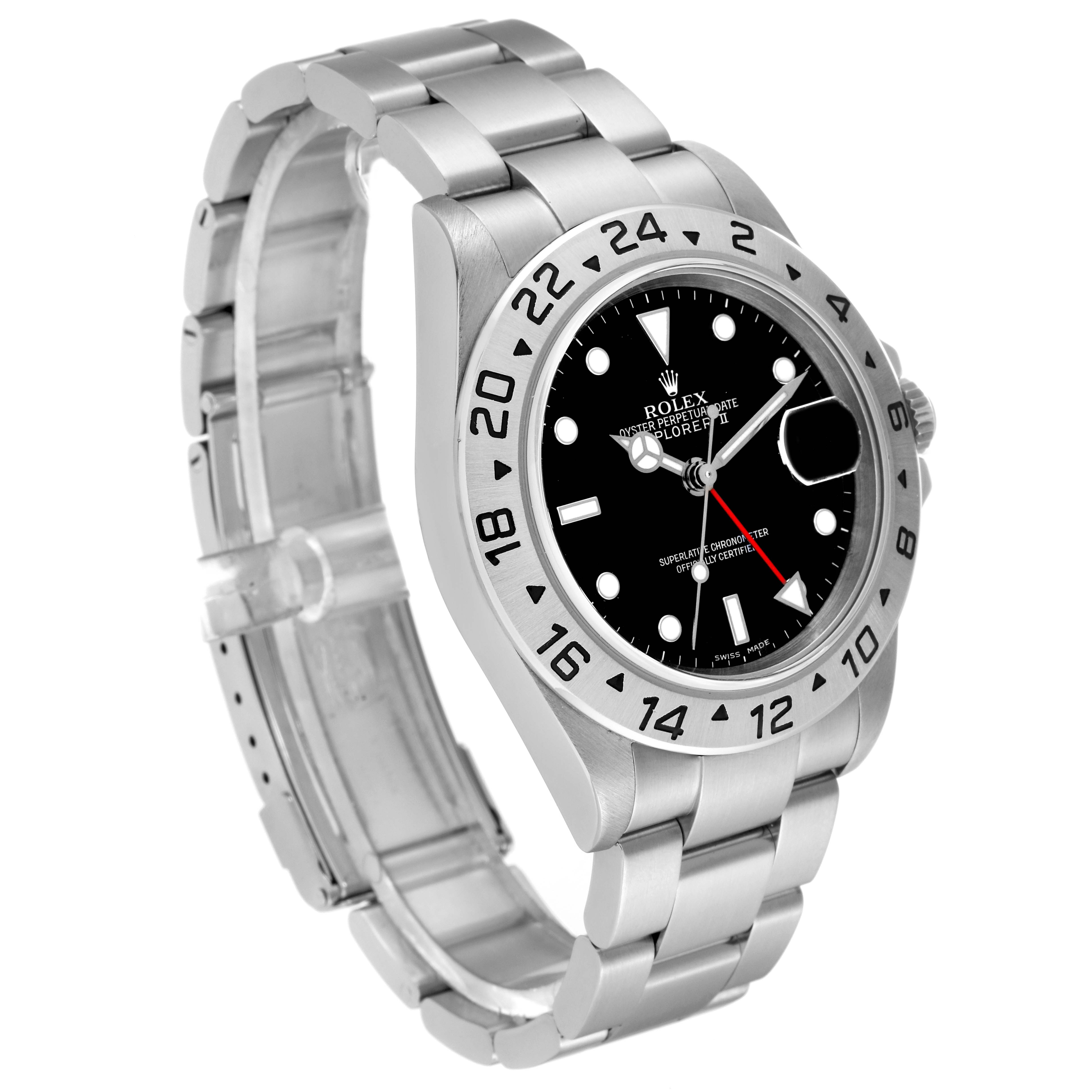 The image shows the Rolex Explorer 16570 Men
s Stainless Steel Black Dial 16570 Men
s Stainless Steel Black Dial model watch at a three-quarter angle, emphasizing its face, bezel, and bracelet.