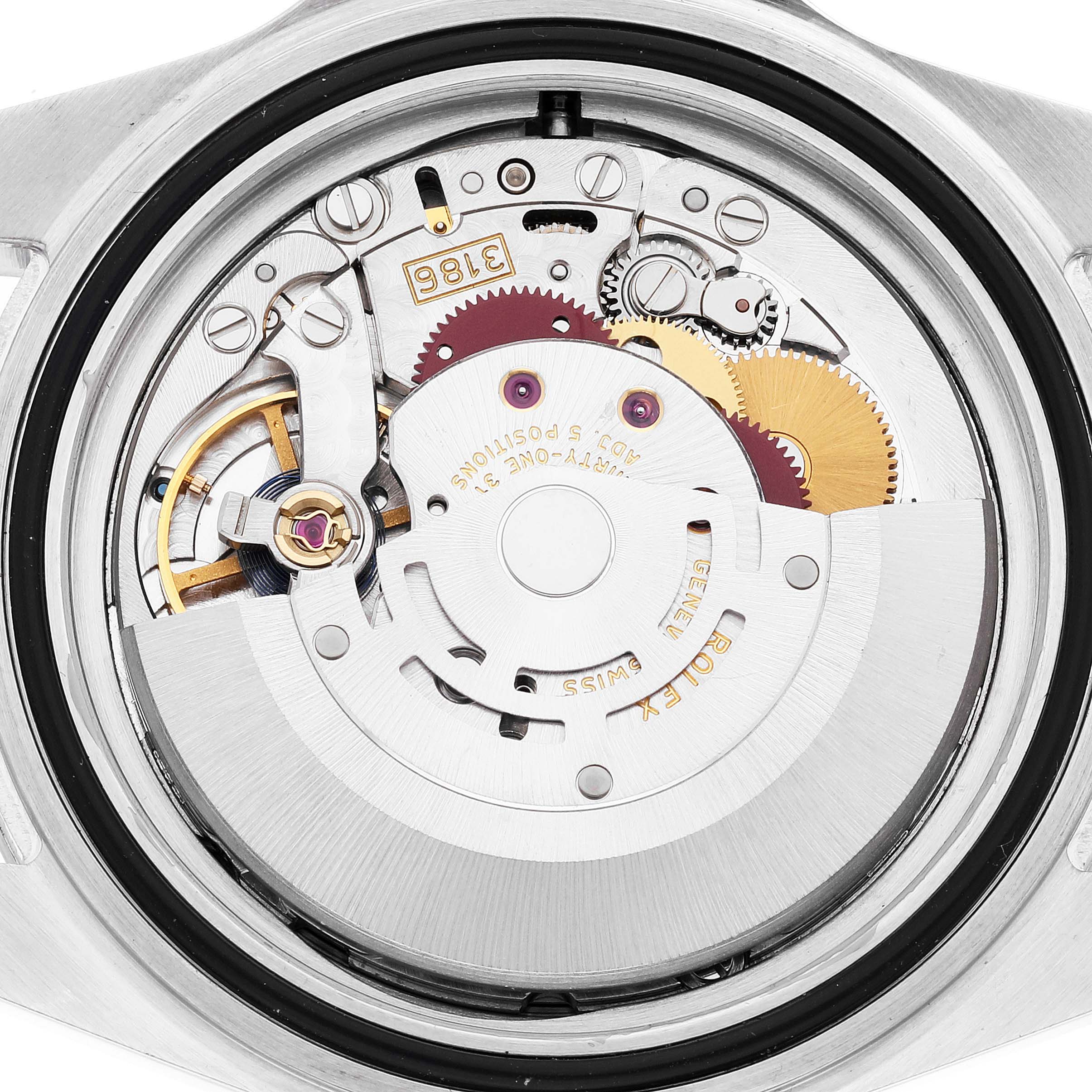 This image shows the inner mechanical movement of a Rolex Explorer 16570 Men
s Stainless Steel Black Dial 16570 Men
s Stainless Steel Black Dial watch from a rear angle.