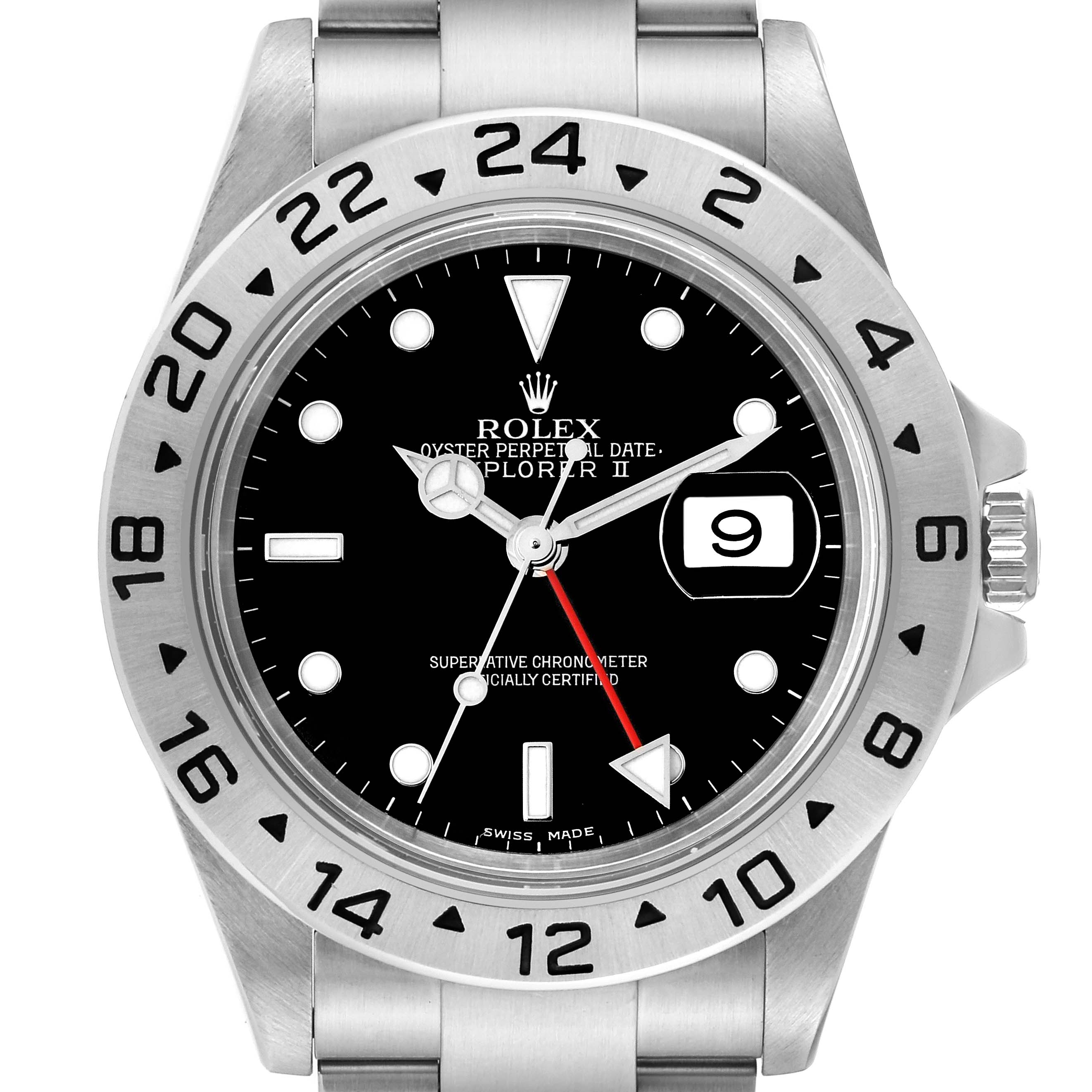 The image shows a front view of a Rolex Explorer 16570 Men
s Stainless Steel Black Dial 16570 Men
s Stainless Steel Black Dial watch, highlighting the bezel, dial, date window, and crown.