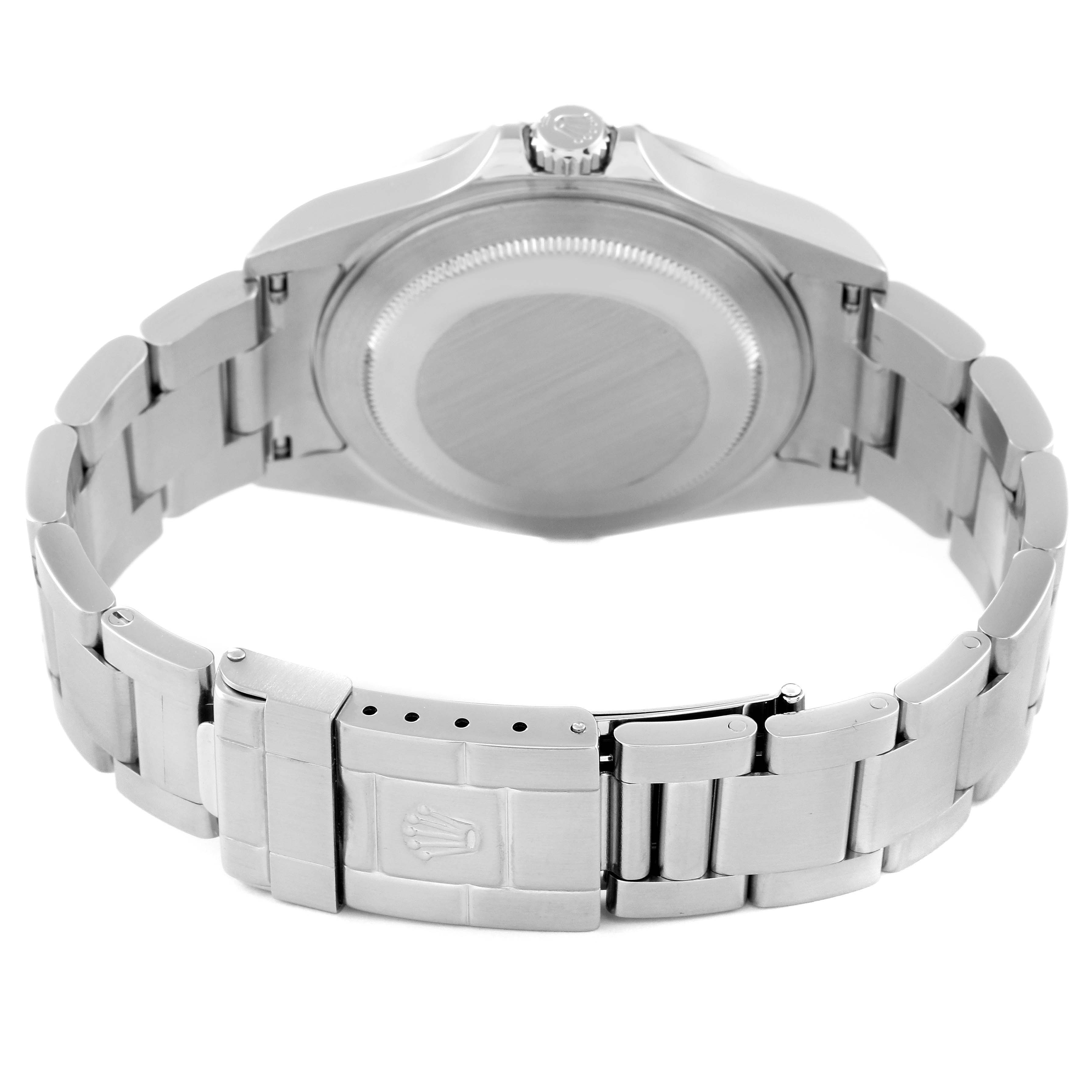 The photo shows the back of the Rolex Explorer 16570 Men
s Stainless Steel Black Dial 16570 Men
s Stainless Steel Black Dial model watch, including the clasp and the bracelet links.