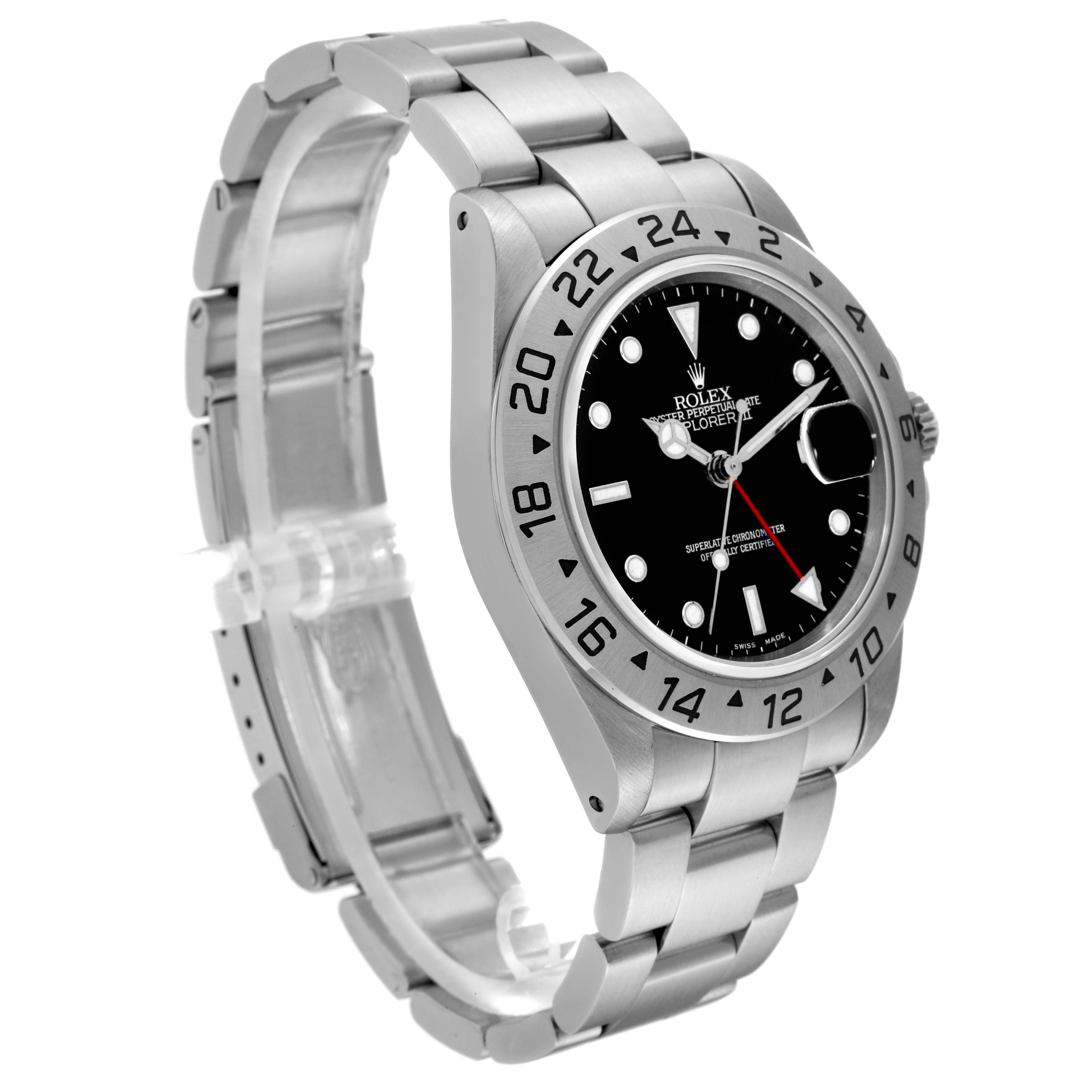 The Rolex Explorer 16570 Men
s Stainless Steel Black Dial 16570 Men
s Stainless Steel Black Dial watch is shown at a three-quarter angle, highlighting its bezel, face, and stainless steel bracelet.
