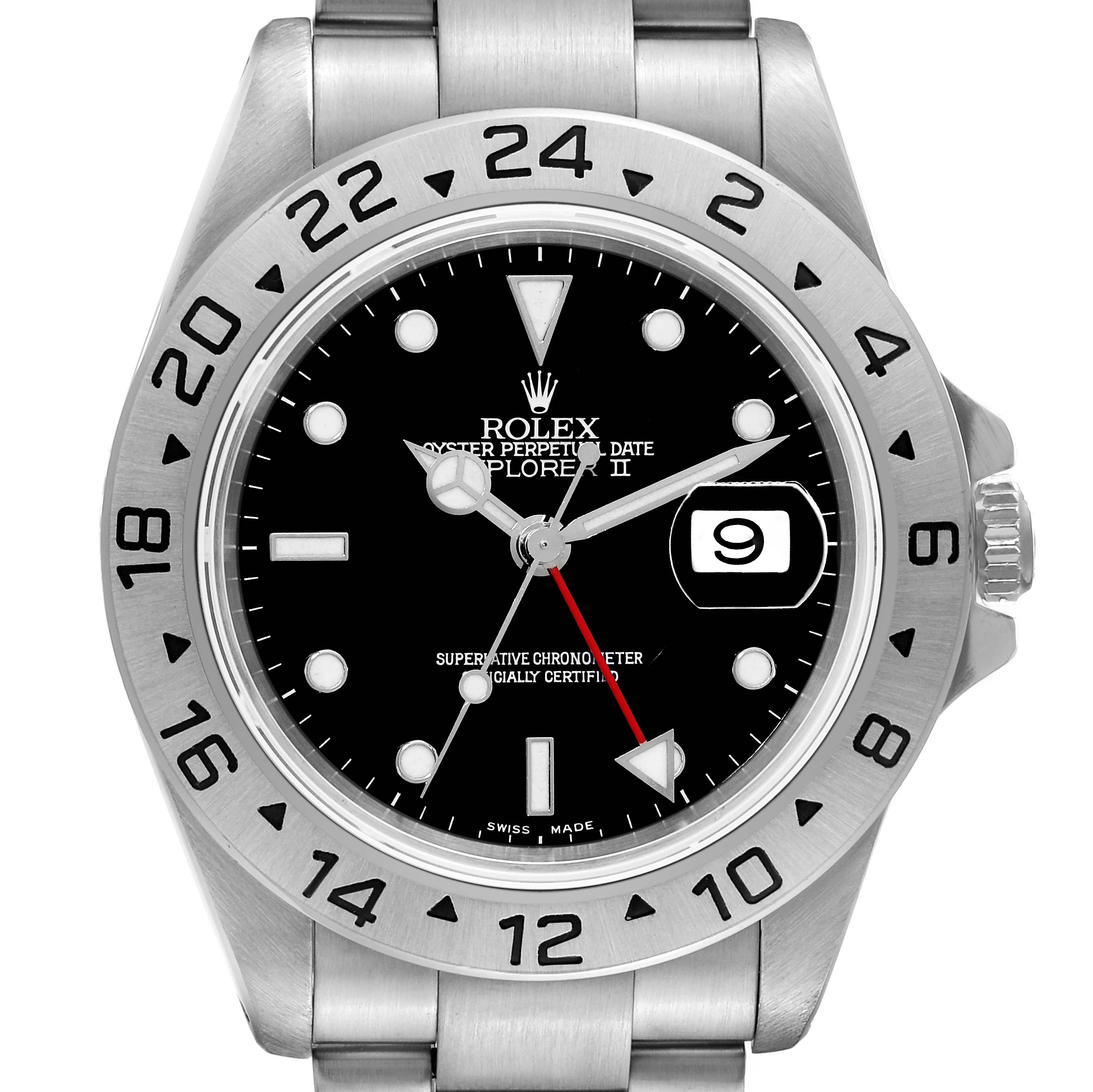The image shows a front view of the Rolex Explorer 16570 Men
s Stainless Steel Black Dial 16570 Men
s Stainless Steel Black Dial watch, highlighting its dial, bezel, hands, and bracelet.