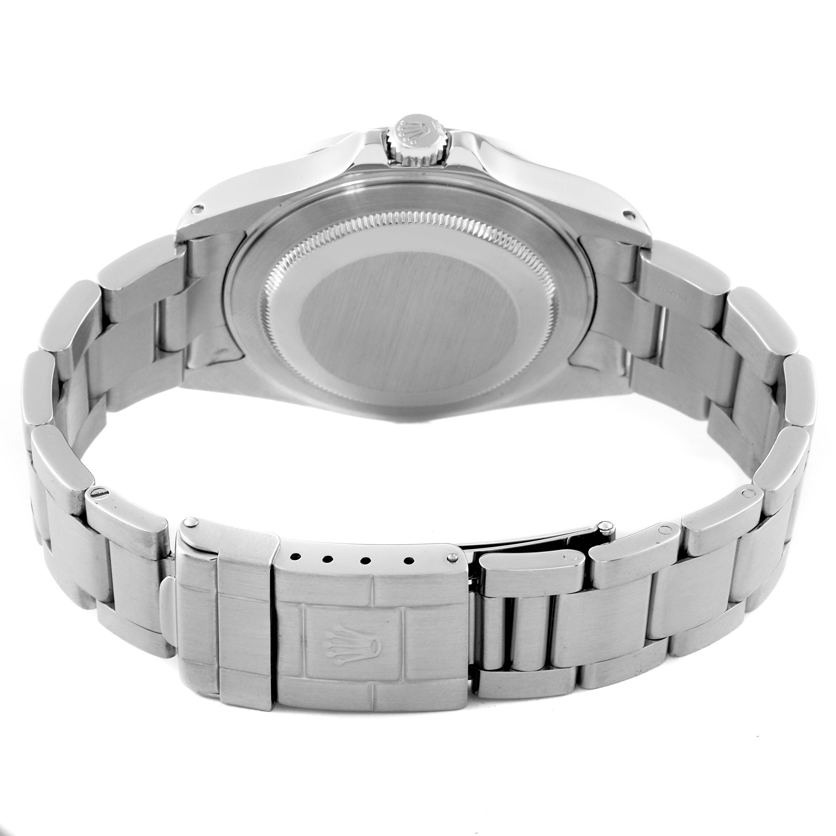 The image shows the back view of a Rolex Explorer 16570 Men
s Stainless Steel Black Dial 16570 Men
s Stainless Steel Black Dial watch, highlighting the case back and the bracelet with the clasp.