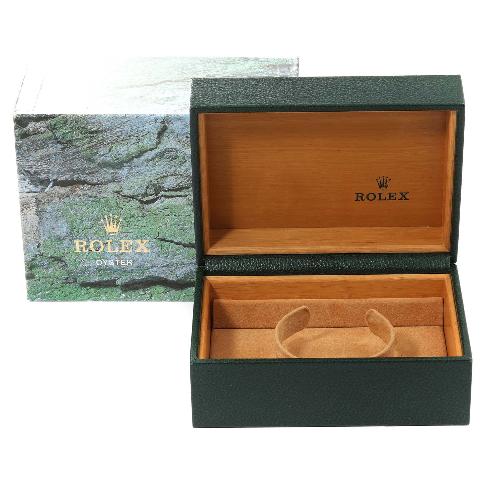 The image shows an open Rolex Explorer 16570 Men
s Stainless Steel Black Dial 16570 Men
s Stainless Steel Black Dial watch box and its outer packaging from a straight-on angle.