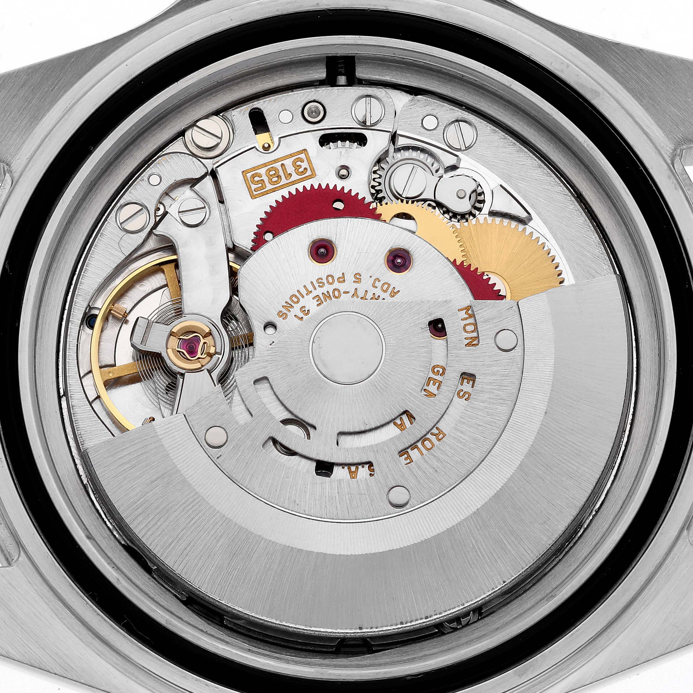 This image shows a close-up view of the movement mechanism inside the Rolex Explorer 16570 Men
s Stainless Steel Black Dial 16570 Men
s Stainless Steel Black Dial watch, highlighting gears and components.