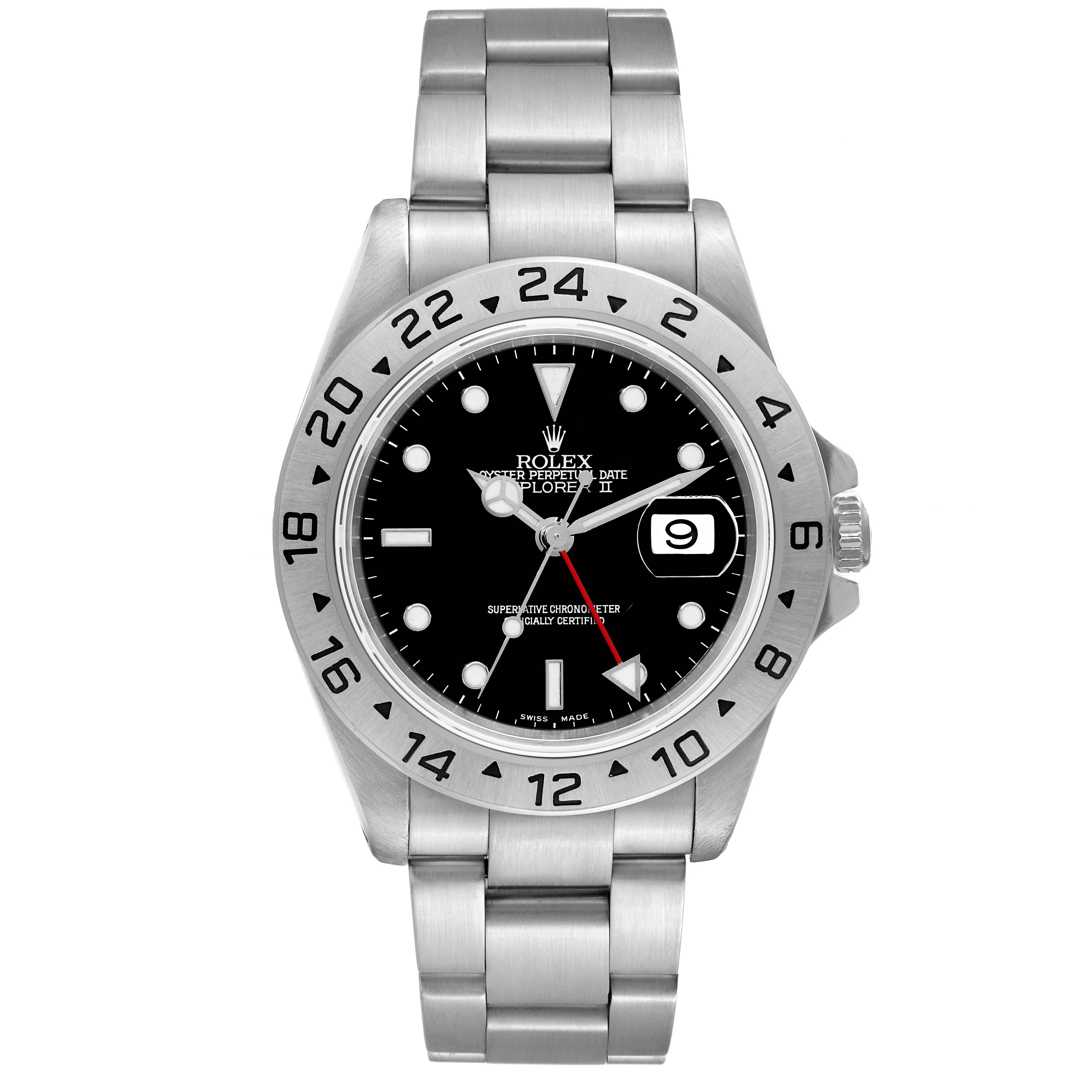 The image shows a front view of the Rolex Explorer 16570 Men
s Stainless Steel Black Dial 16570 Men
s Stainless Steel Black Dial watch, highlighting its dial, bezel, and bracelet.