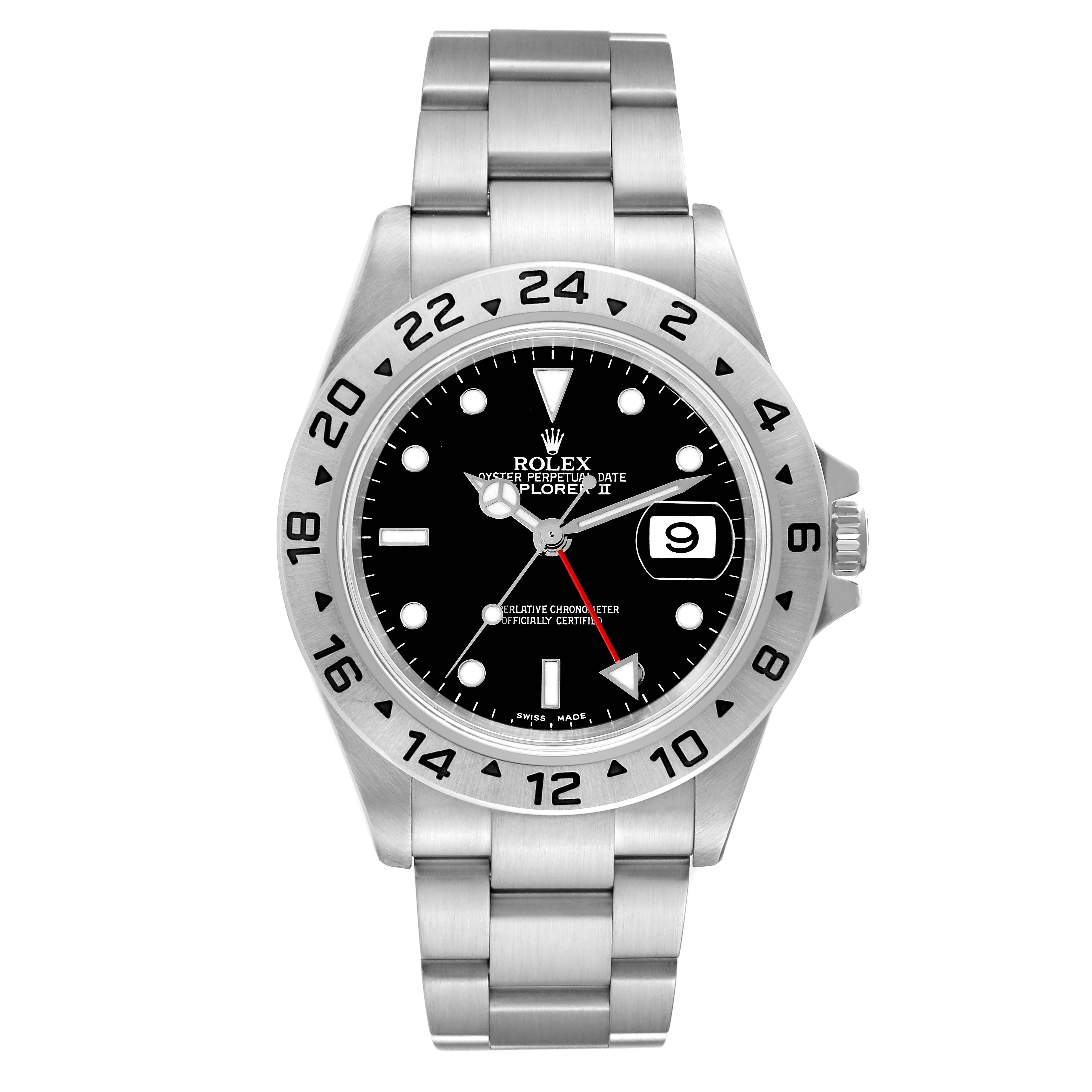 The image shows a front view of a Rolex Explorer 16570 Men
s Stainless Steel Black Dial 16570 Men
s Stainless Steel Black Dial watch, highlighting its black dial, numbered bezel, and stainless steel bracelet.